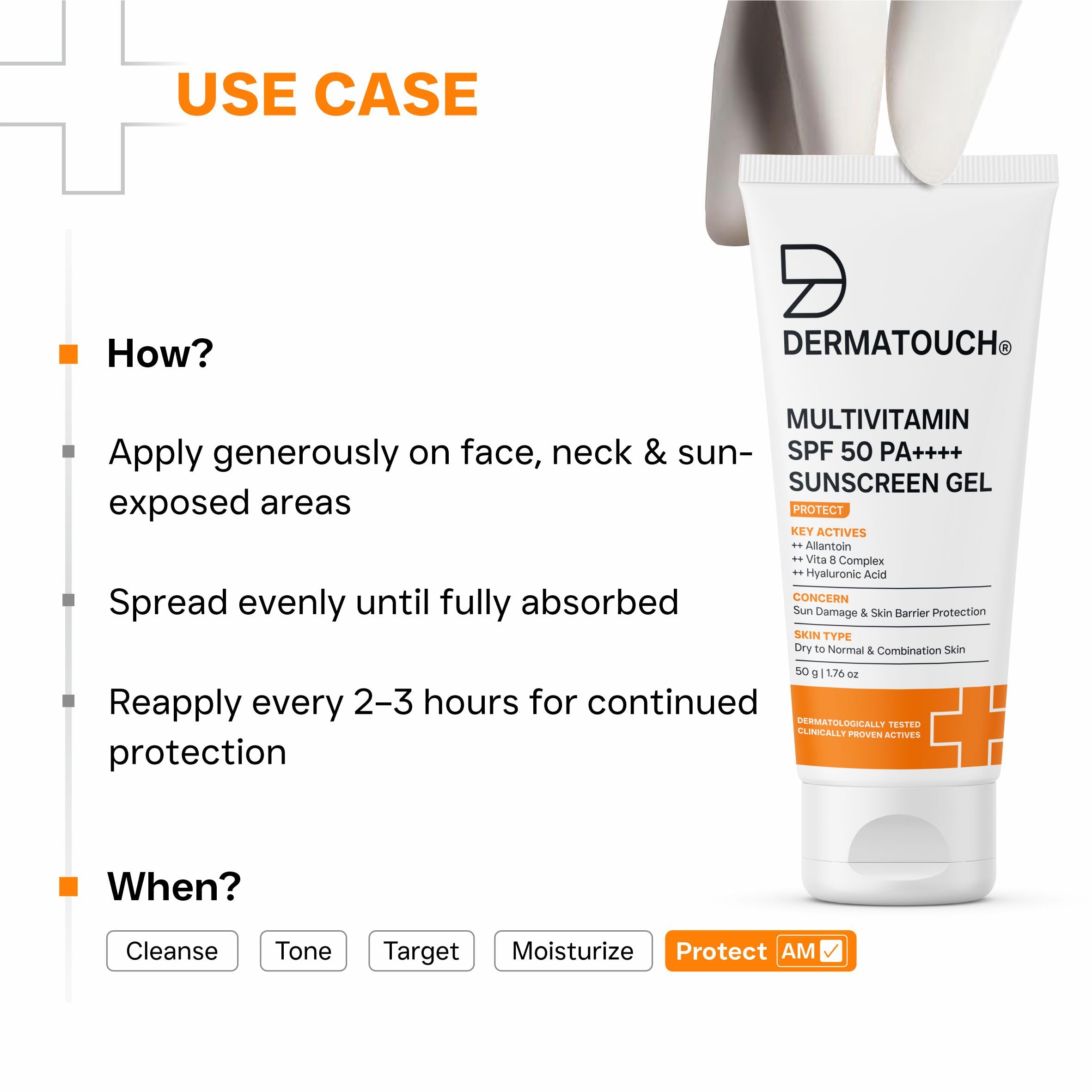 DERMATOUCH Multivitamin SPF 50 PA++++ Sunscreen Gel | Broad Spectrum UVA-UVB Protection | Zero White Cast | Helps Reduce Sun Damage & Skin Barrier Protection | For All Skin Types | 50g
