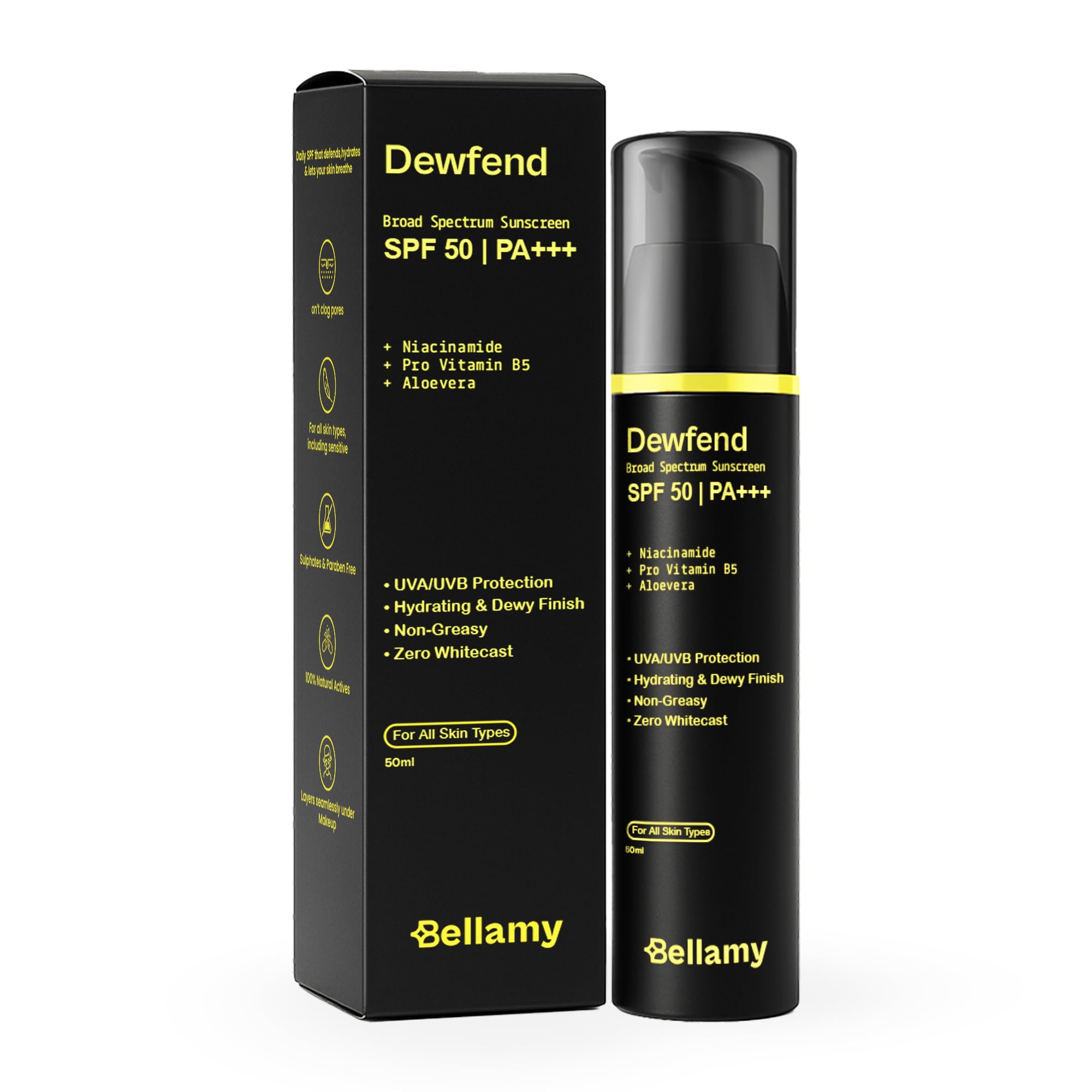 Bellamy Dewfend SPF 50 PA+++ Dewy Gel Sunscreen with Niacinamide, Pro Vitamin B5 & Aloevera | 50g | For All Skin Types | Layers Under Makeup | No White Cast & Non-Greasy