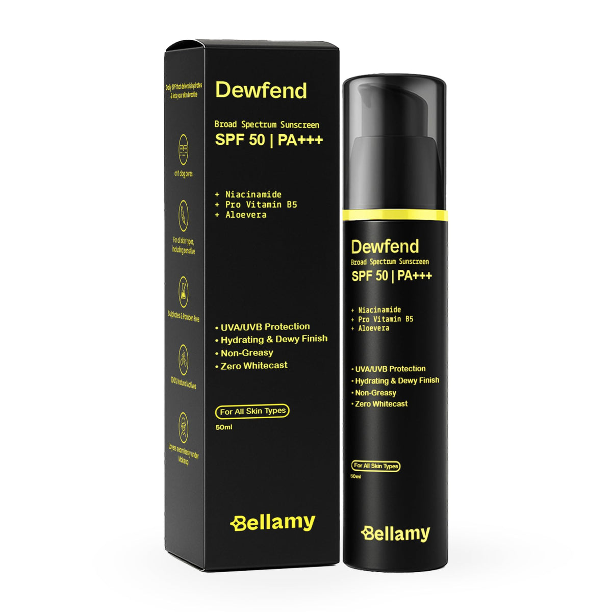 Bellamy Dewfend SPF 50 PA+++ Dewy Gel Sunscreen with Niacinamide, Pro Vitamin B5 & Aloevera | 50g | For All Skin Types | Layers Under Makeup | No White Cast & Non-Greasy