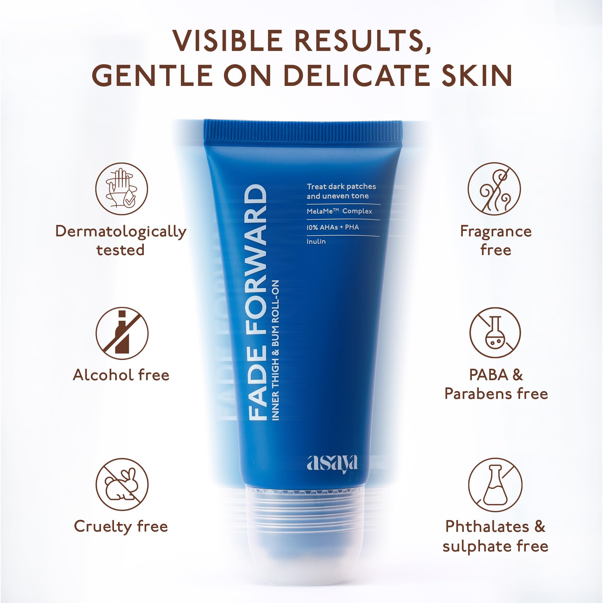 Asaya Fade Forward Inner Thigh & Bum AHA Roll-On | Pigmentation Removal Serum For Dark Inner Thighs & Buttocks | For Women & Men | Non-Sticky & Soothing | MelaMe™ Complex, 10% AHAs & PHA, Inulin | 70ml