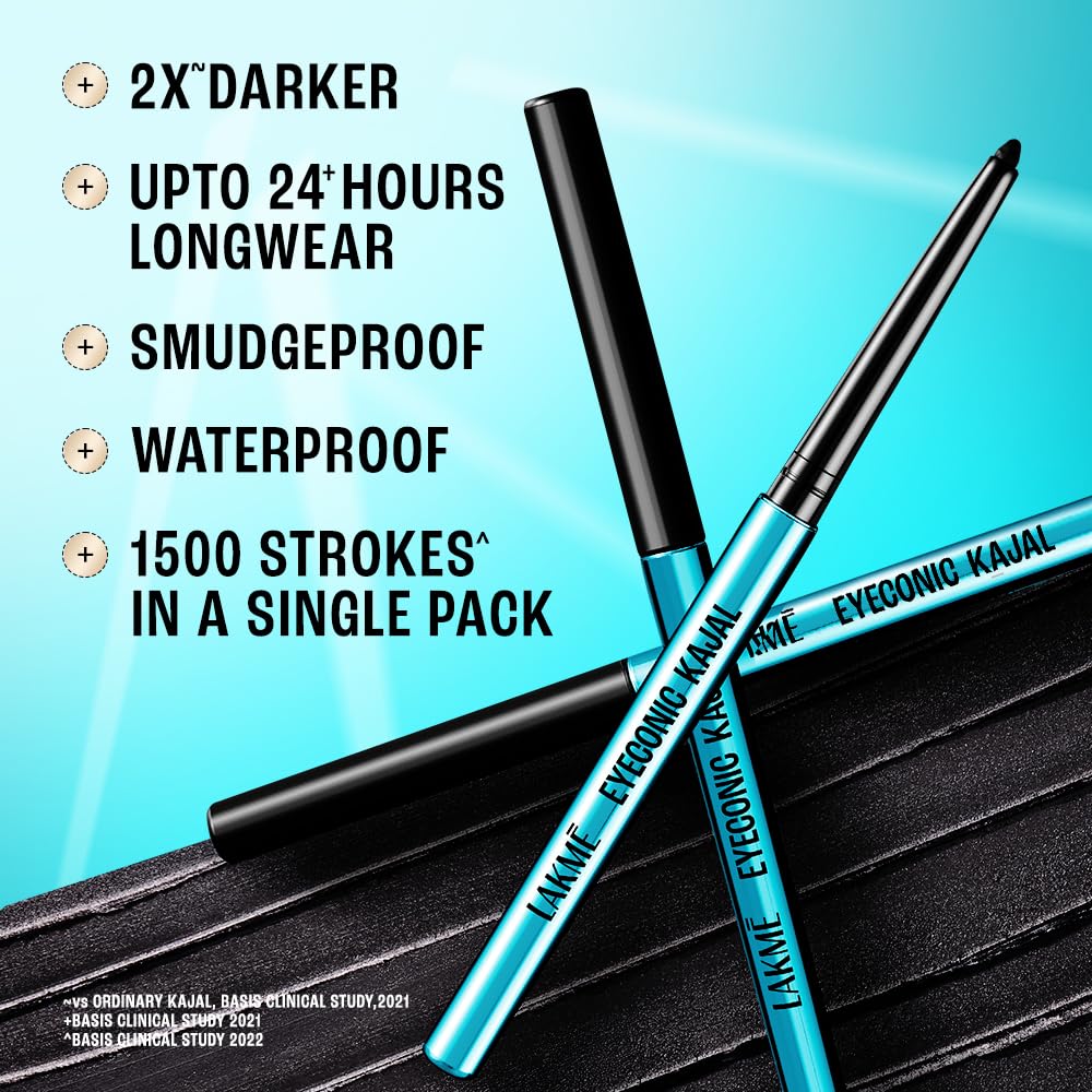 LAKMÉ Eyeconic Black Kajal 0.35 g (Combo Pack of 2) Matte Kohl Liner in a Twist Up Pencil - Waterproof|| Smudge Proof & Long Lasting Eye Makeup