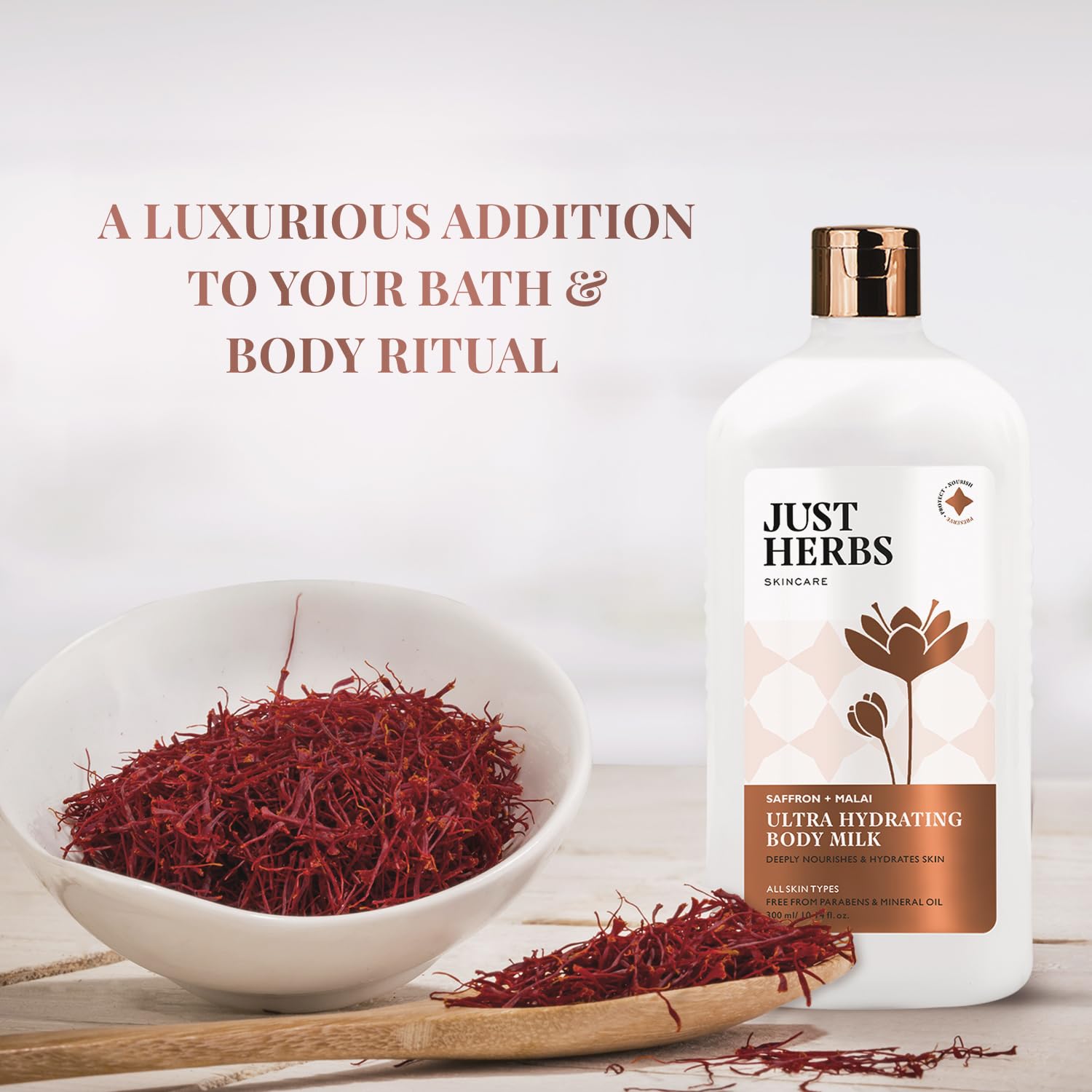 Just Herbs Saffron + Malai Nourishing Body Milk Moisturizer for Men & Women | Hydrating Body Lotion for Dull, Tired & Dry Skin | Suits All Skin Types - 300 ml