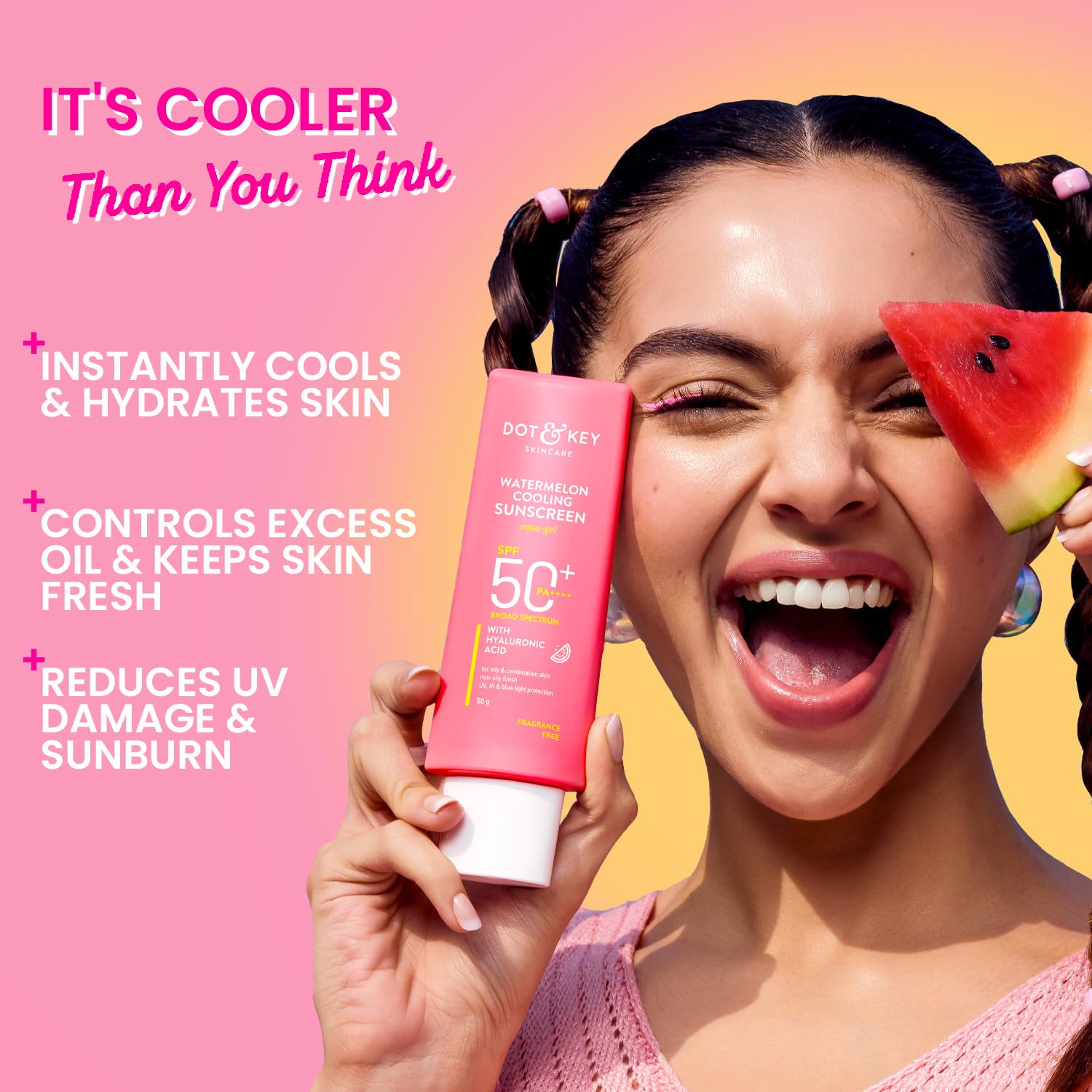 Dot & Key Watermelon Cooling Sunscreen SPF 50+ PA++++ | With Hyaluronic Acid, Instantly Cools Skin, Broad Spectrum Protection | Controls Excess Oil, Checks Tanning, No White Cast, All Skin Types | 50g