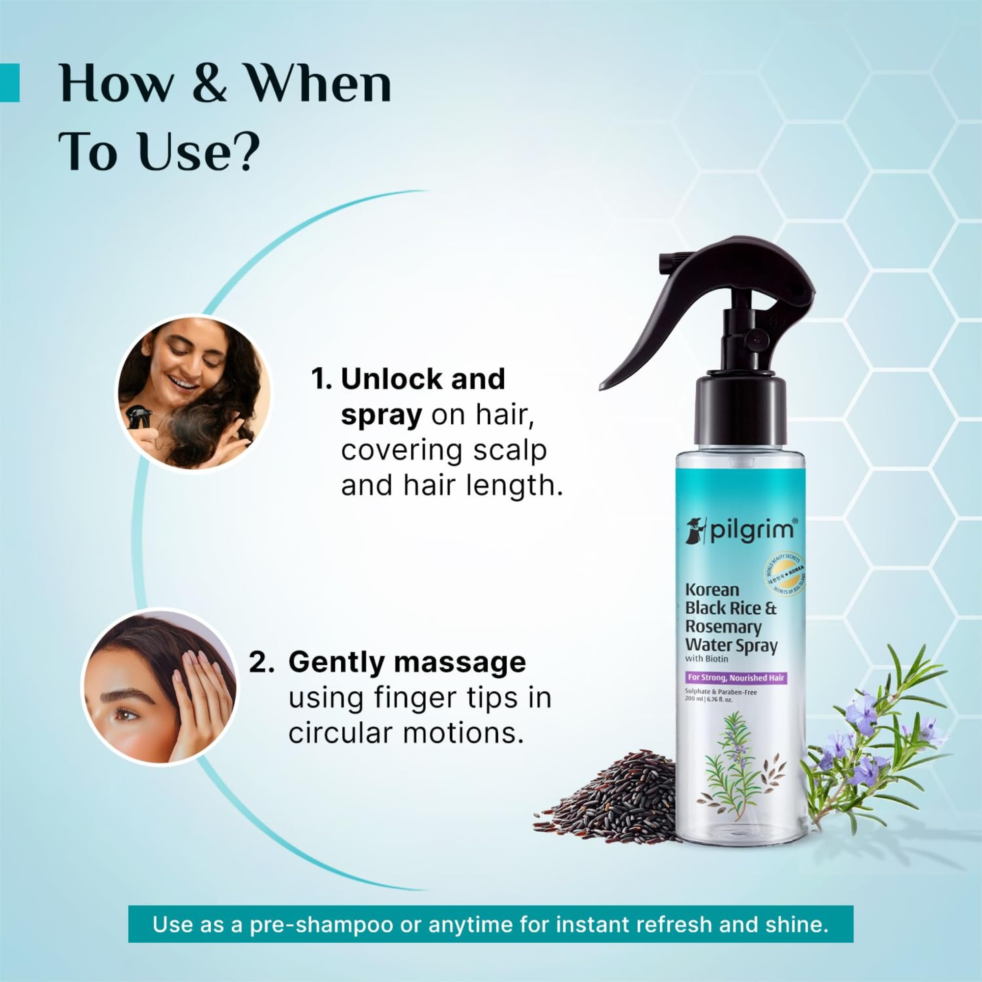 Pilgrim Korean Black Rice and Rosemary Water Spray With Biotin For Strong, Nourished Hair 200ml | Spray for Regrowth | Thicker & Stronger Hair | Sulphate & Paraben Free I For Women for Men
