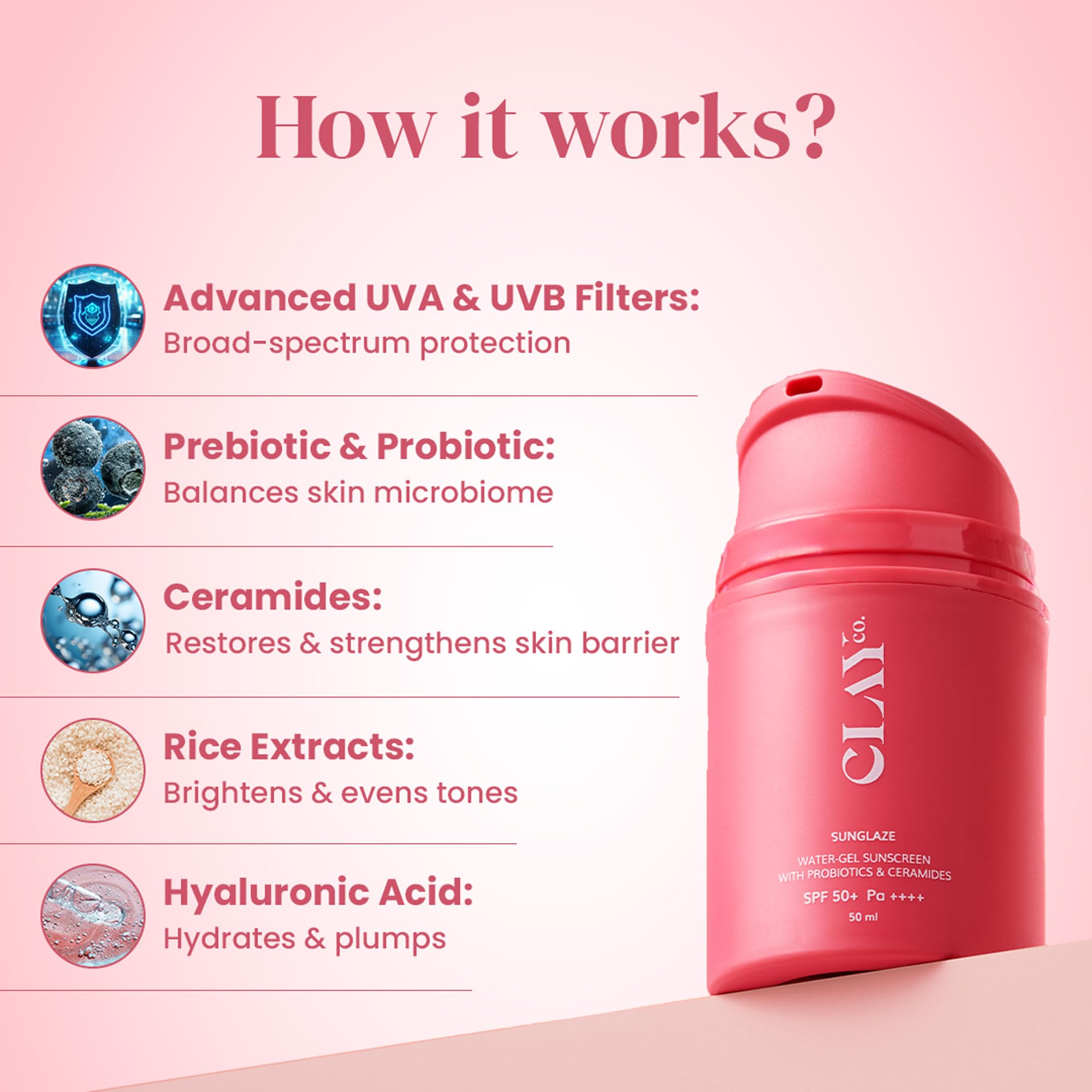 Clayco Sunglaze Sunscreen SPF 50 PA++++ | Probiotic & Ceramide-Infused | Lightweight, Non-Greasy & Fast-Absorbing | Broad Spectrum UVA, UVB & Blue Light Protection | Hydrating & Brightening | For All Skin Types (50ml)