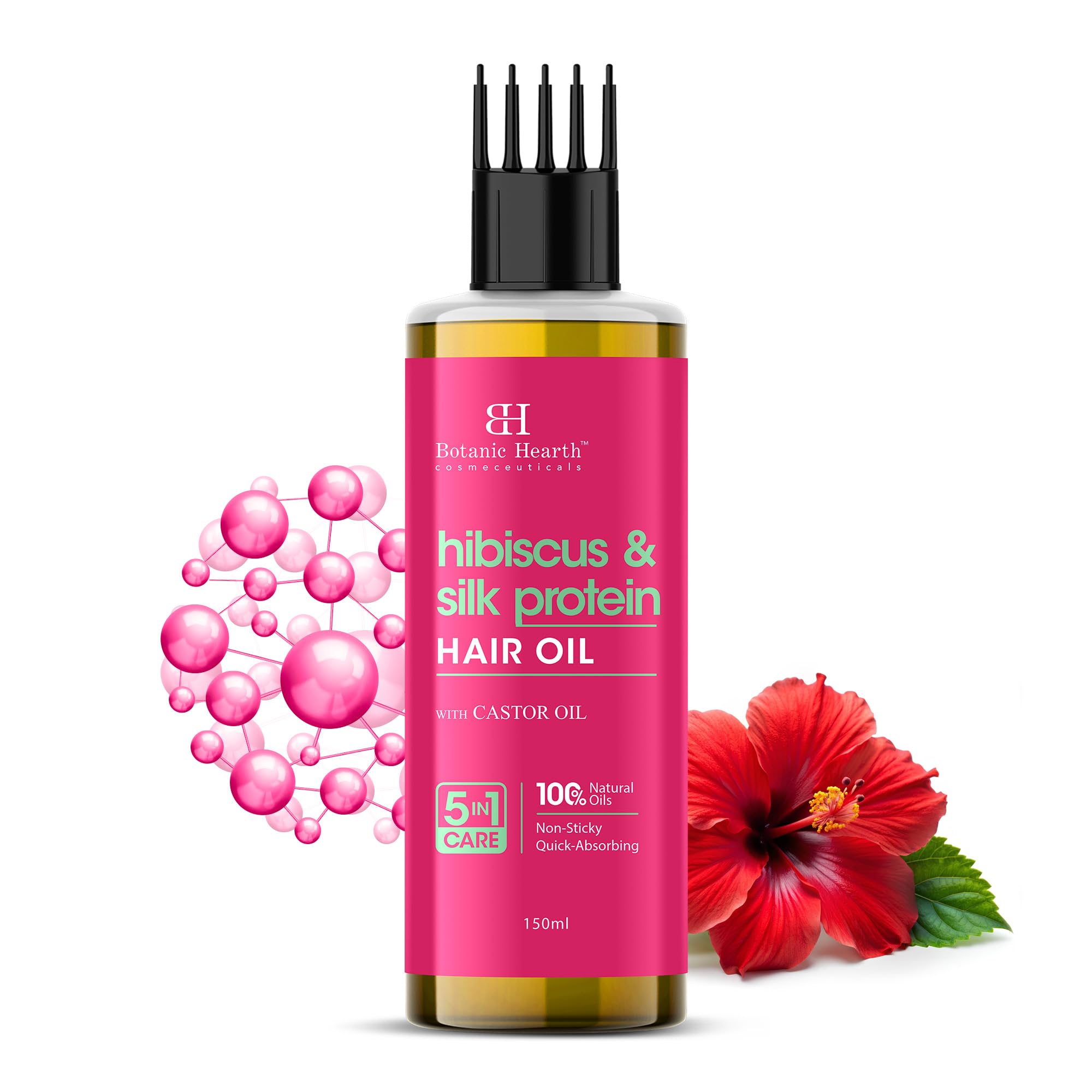 Botanic Hearth Hibiscus Silk Protein Hair Oil for Hair Growth & Hair Fall Control|Nourishing Scalp & Hair Treatment with Castor Oil |Reduces Frizz, Adds Shine|Comb Applicator |For Men & Women|150 ml