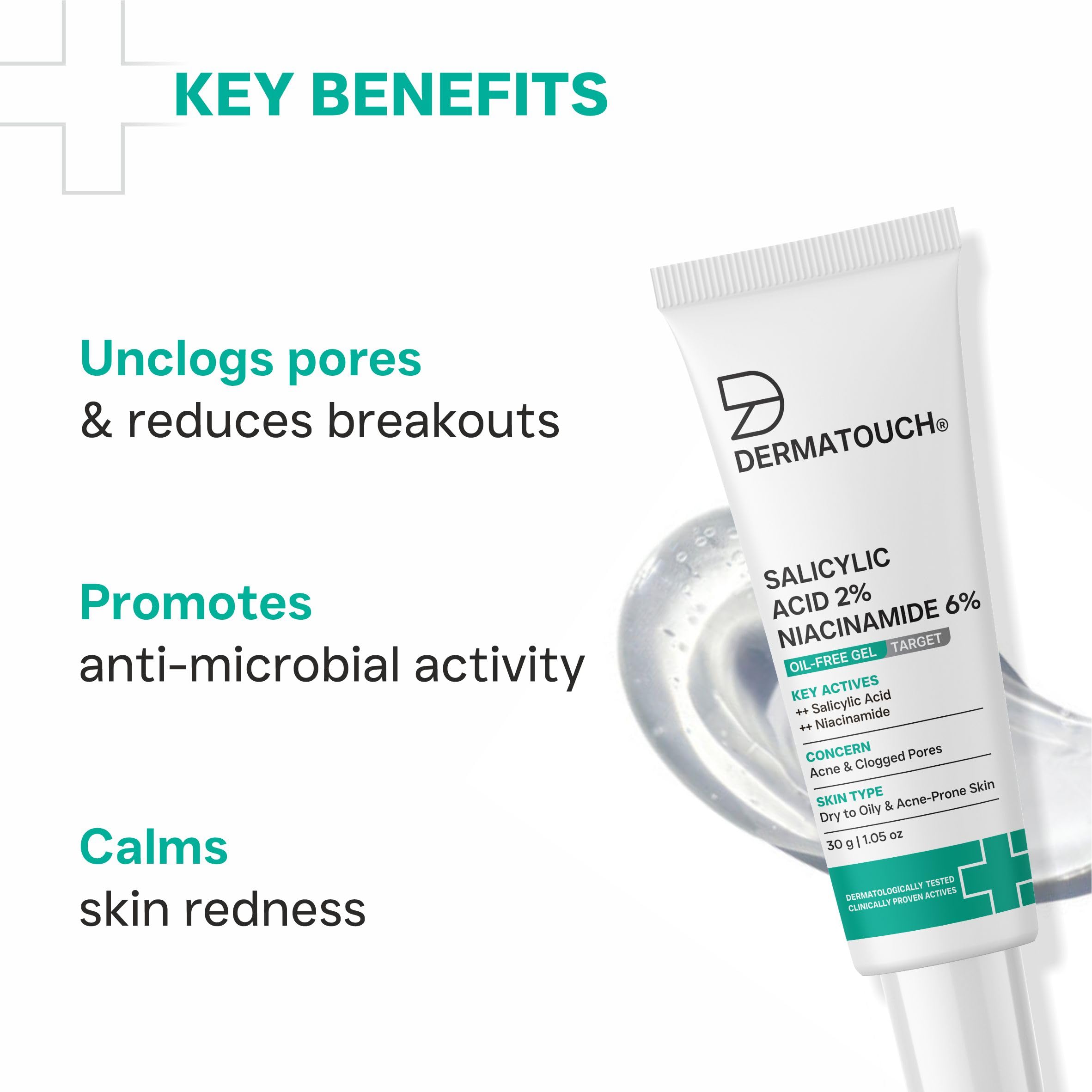 DERMATOUCH Salicylic Acid 2% Niacinamide 6% Anti-Acne Oil-Free Gel For Active Acne, Oil Balancing, Pore Tightening | 30g