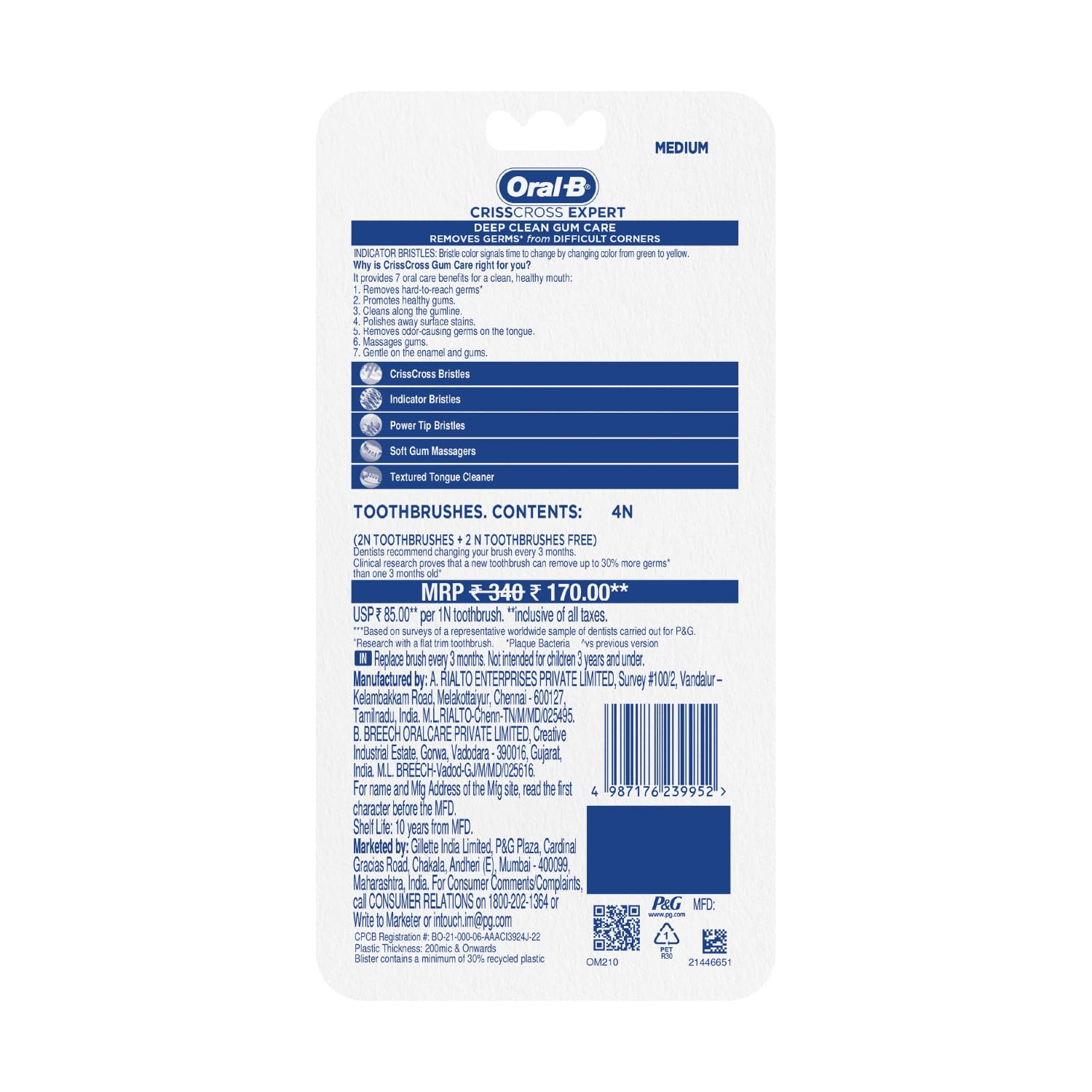 Oral-B Crisscross Gum Care Deep Clean Medium Bristles Manual Toothbrush For Adults, Multicolour Toothbrush Set, Dentist Recommended Brand (Buy 2 Get 2 Free)