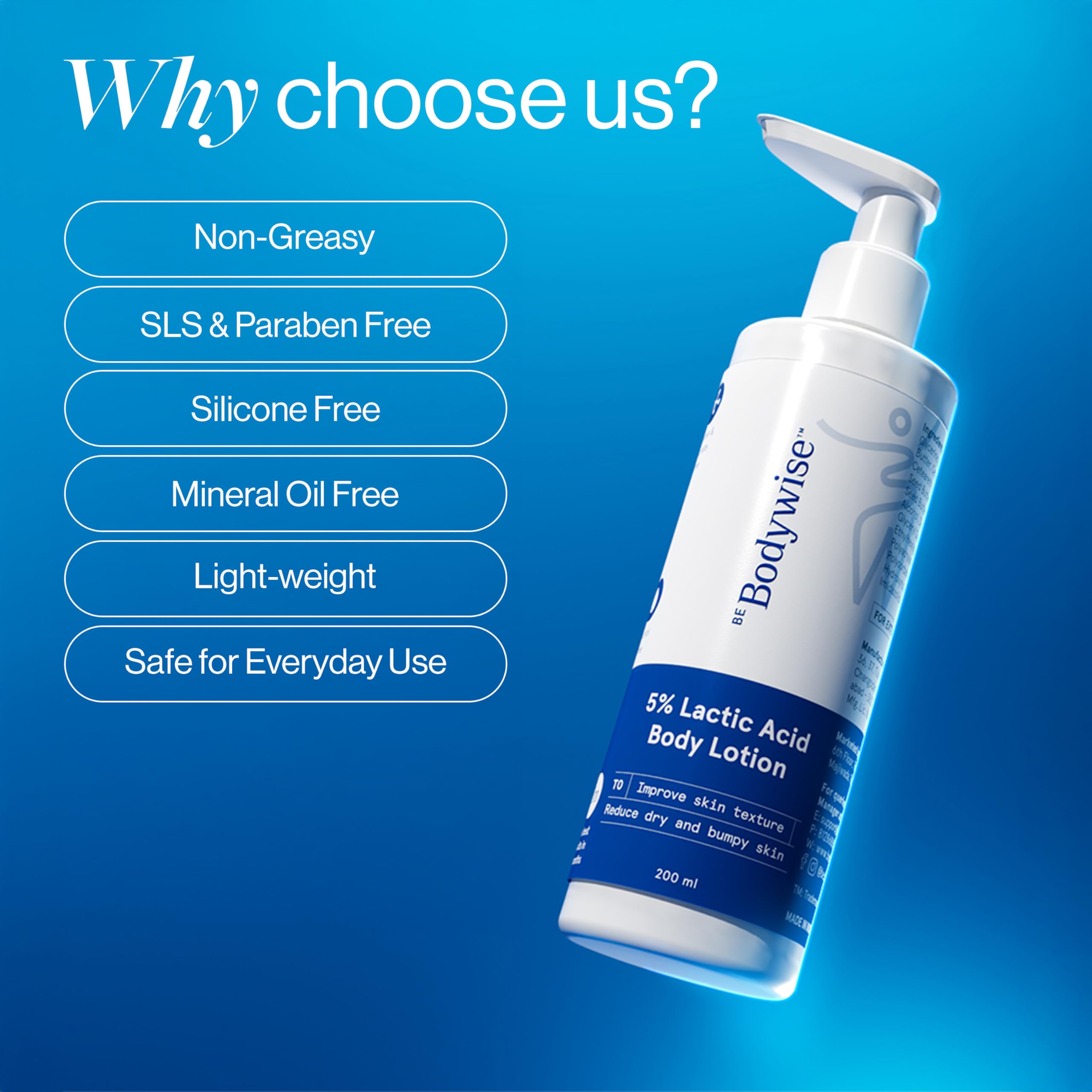 Be Bodywise 5% AHA Lactic Acid Body Lotion with 48Hr Moisturisation 200ml | Dermatologically Tested | Improves Skin Texture & Reduces Appearance of Strawberry Legs
