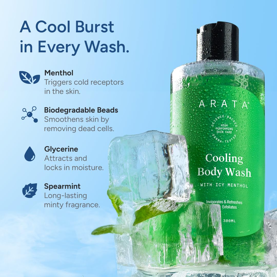 Arata Cooling & Exfoliating Body Wash with Menthol & Glycerine | Smooth & Hydrated Skin | Protects Skin Barrier | Body Wash for Women & Men | Paraben & Silicone-Free | For All Skin Types | 300ml