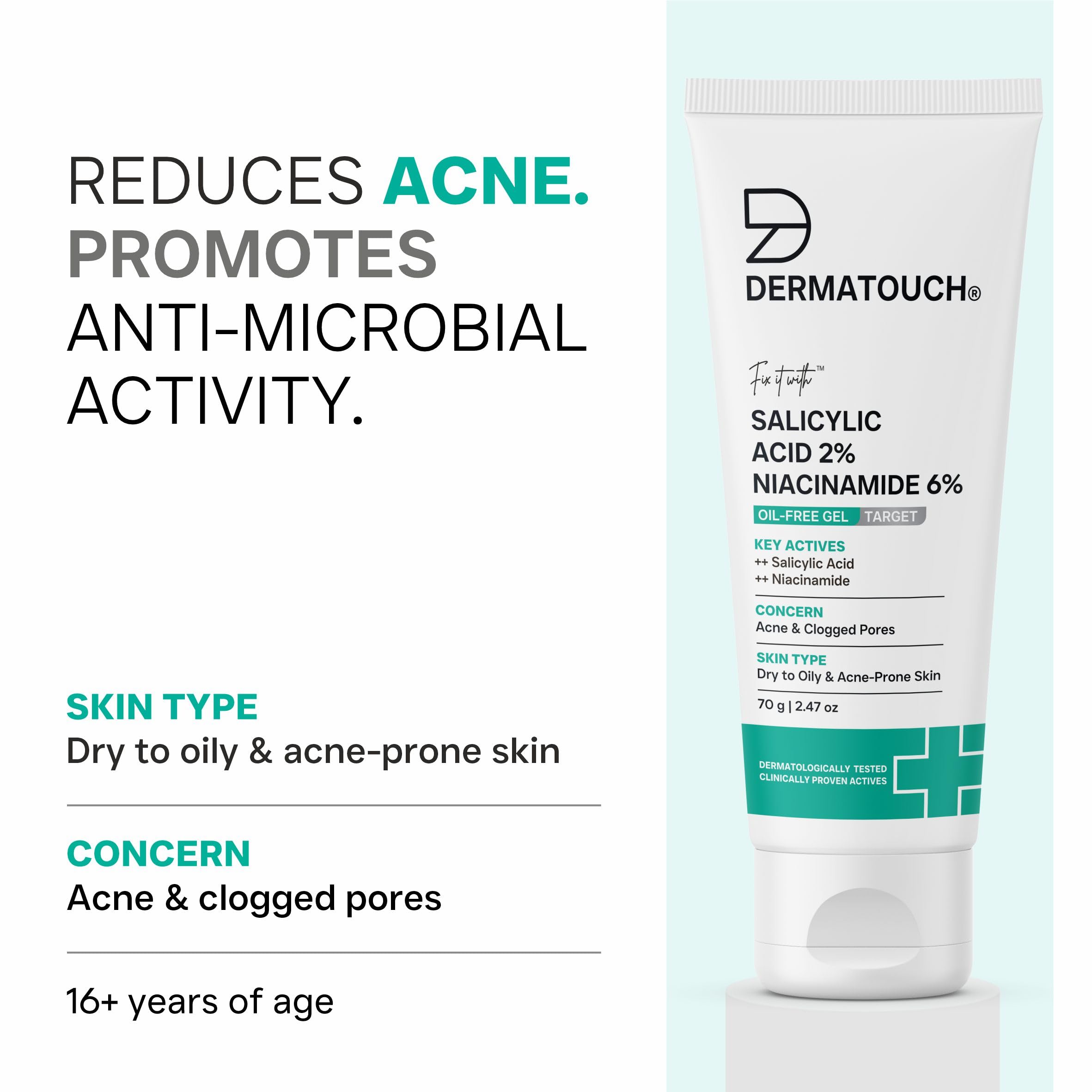 DERMATOUCH Salicylic Acid 2% Niacinamide 6% Anti-Acne Oil-Free Gel For Active Acne, Oil Balancing, Pore Tightening | 70g