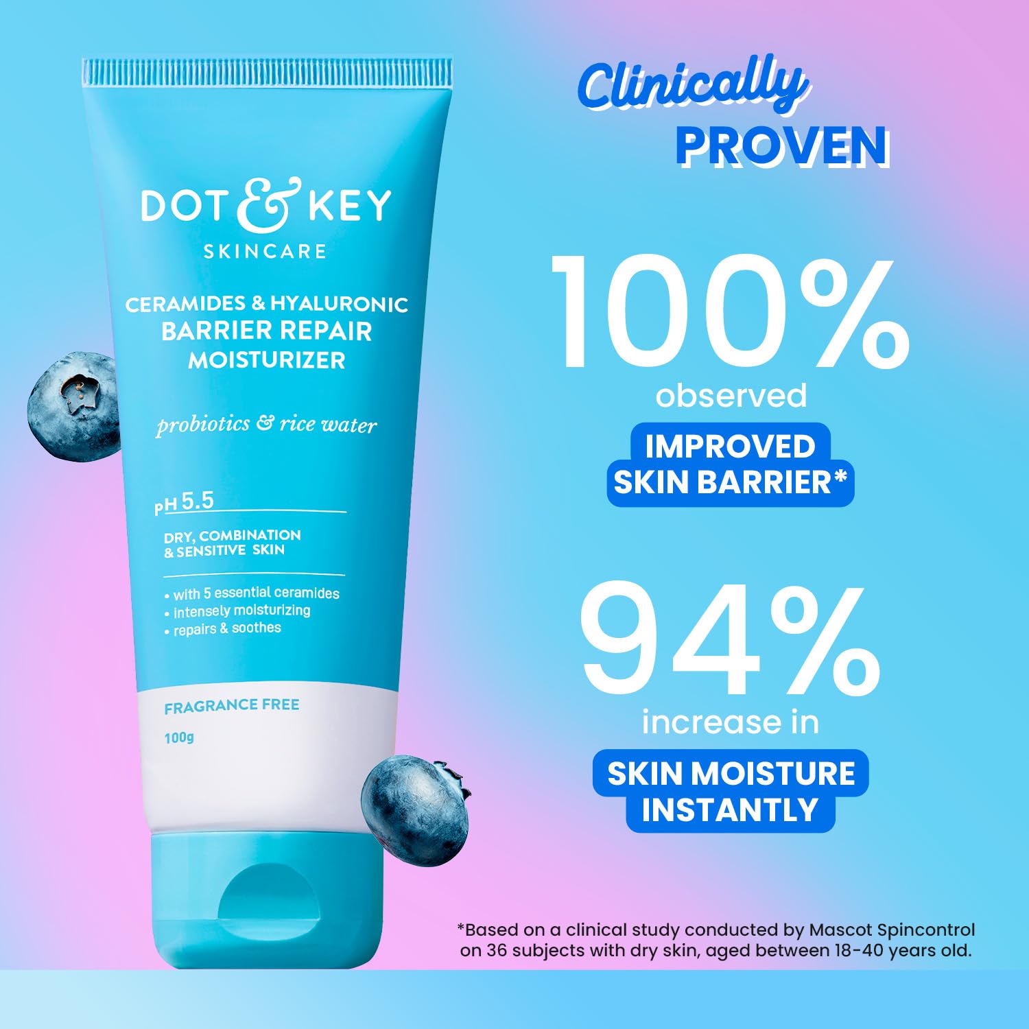 Dot & Key Barrier Repair Moisturizer For Normal, Dry, Combination & Sensitive Skin | 120 Hrs Moisturization, With 5 Ceramides & Hyaluronic | Repairs Damaged Skin Barrier, Non-Comedogenic | 100g