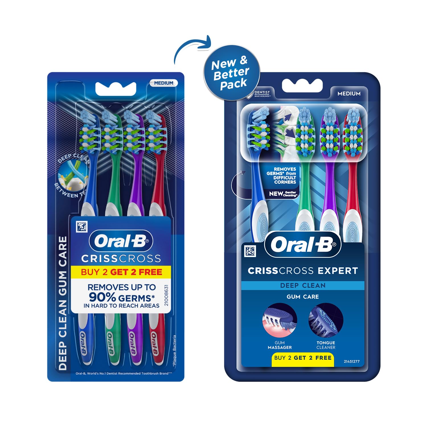 Oral-B Crisscross Gum Care Deep Clean Medium Bristles Manual Toothbrush For Adults, Multicolour Toothbrush Set, Dentist Recommended Brand (Buy 2 Get 2 Free)