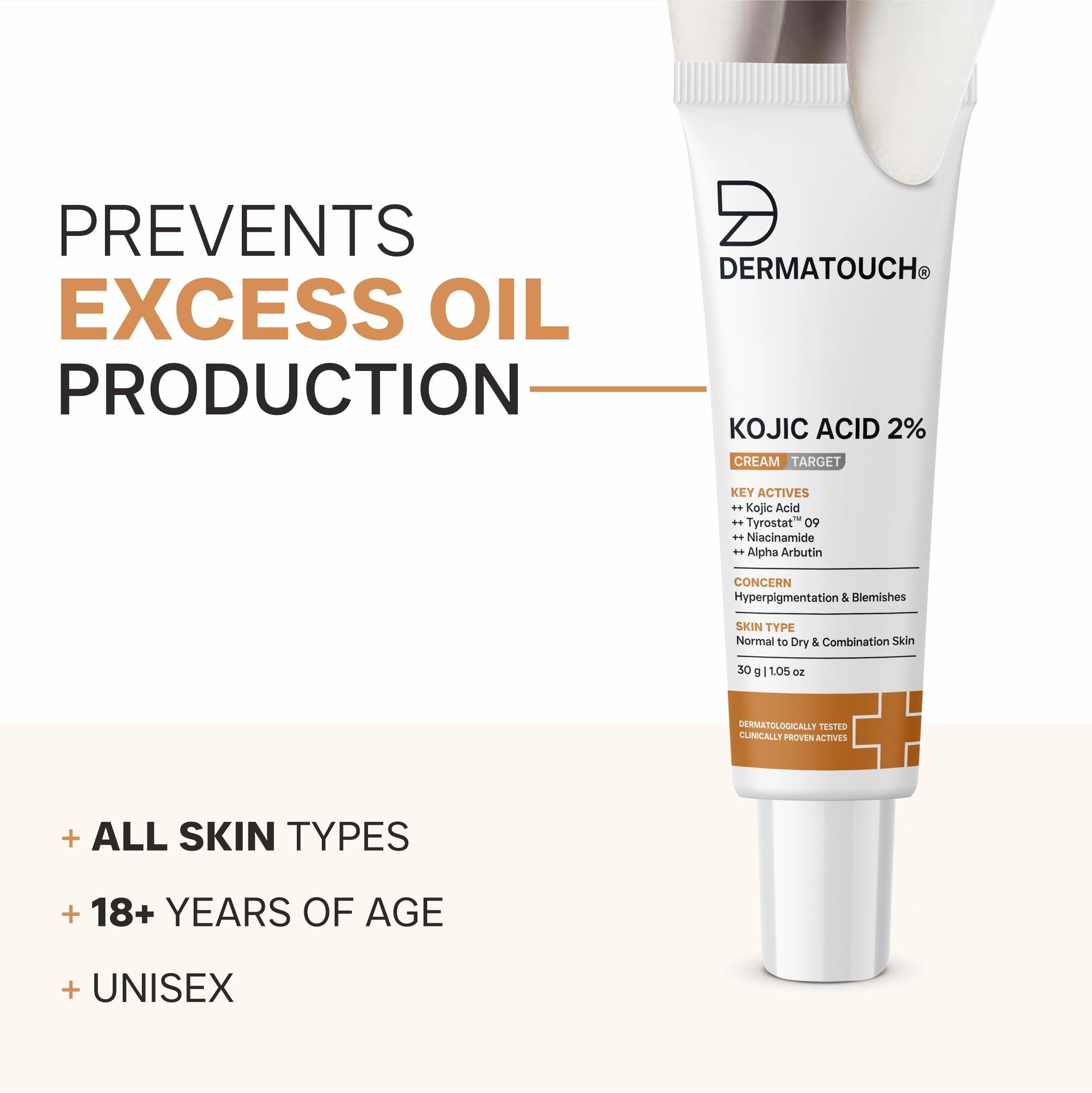 DERMATOUCH Kojic Acid 2% Brightening Cream with Niacinamide & Tyrostat | For Pigmentation, Blemishes, Dark Spots & Hyperpigmentation | Non-Greasy | Dermatologist Tested | 30g