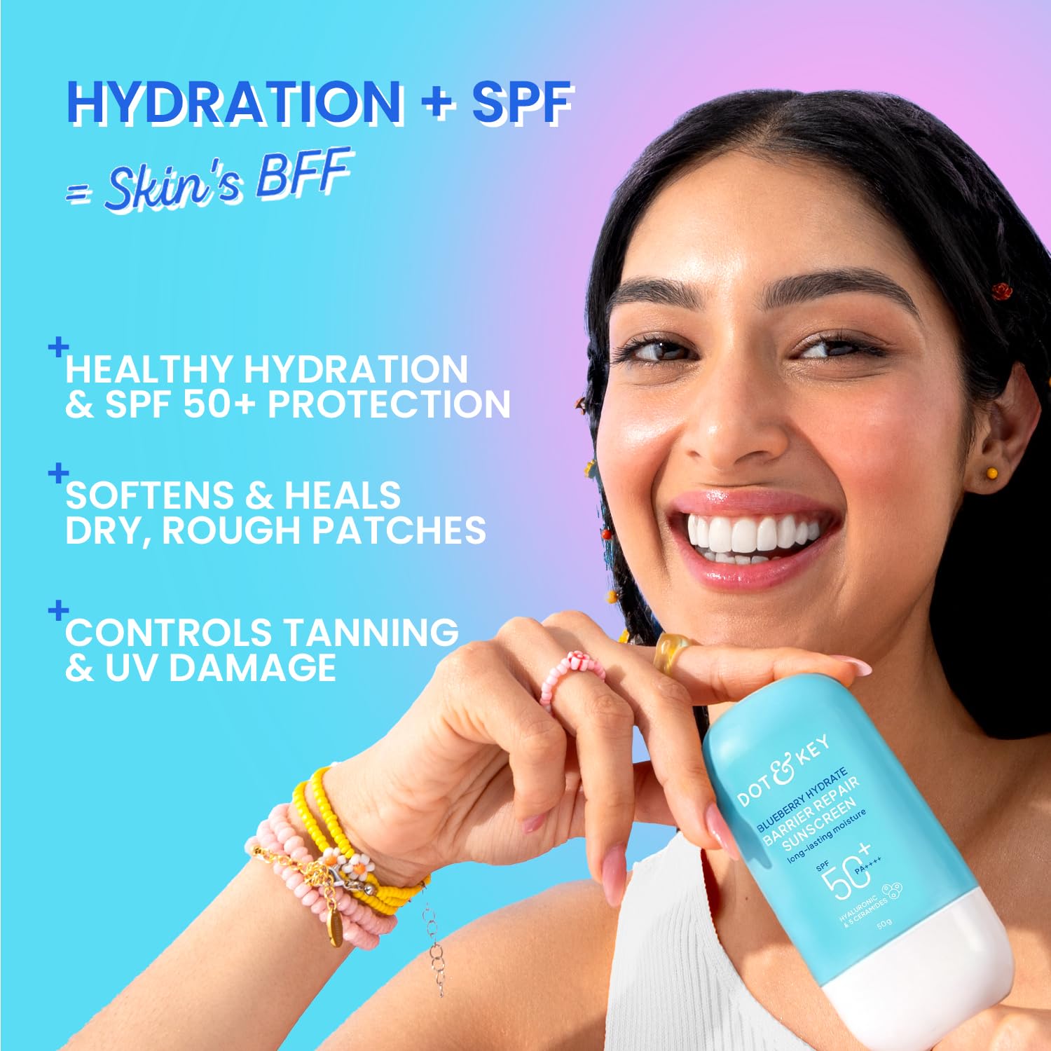Dot & Key Blueberry Hydrate Barrier Repair Sunscreen In-Vivo Tested SPF 50+ PA++++ | With Ceramides & Hyaluronic, Hydrates & Protects Skin | Repairs Damaged Skin, Lightweight, Non-Sticky, Non-Greasy | 50g