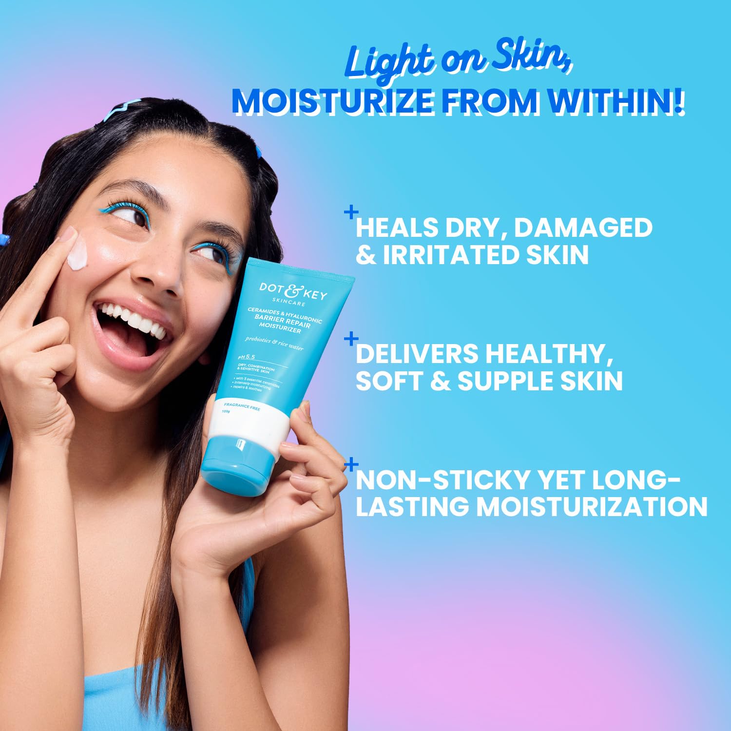 Dot & Key Barrier Repair Moisturizer For Normal, Dry, Combination & Sensitive Skin | 120 Hrs Moisturization, With 5 Ceramides & Hyaluronic | Repairs Damaged Skin Barrier, Non-Comedogenic | 100g