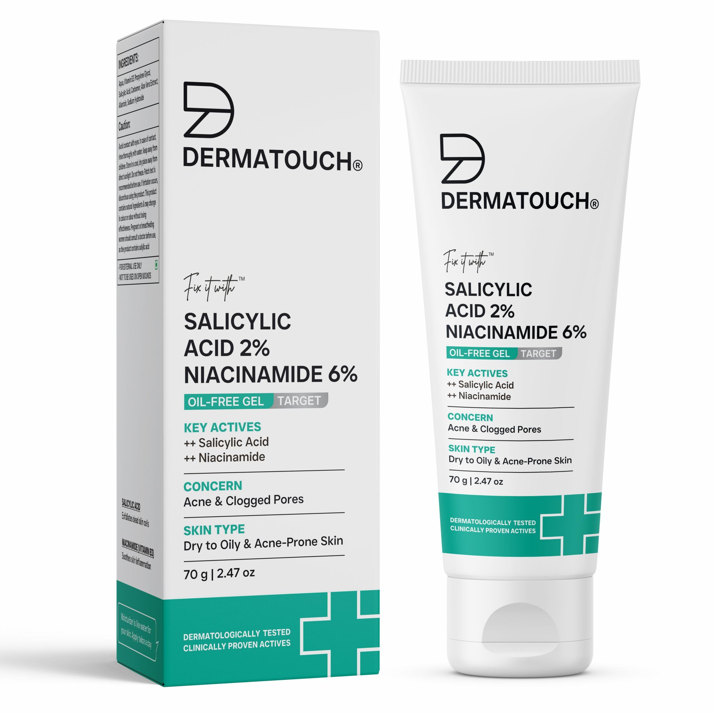 DERMATOUCH Salicylic Acid 2% Niacinamide 6% Anti-Acne Oil-Free Gel For Active Acne, Oil Balancing, Pore Tightening | 70g