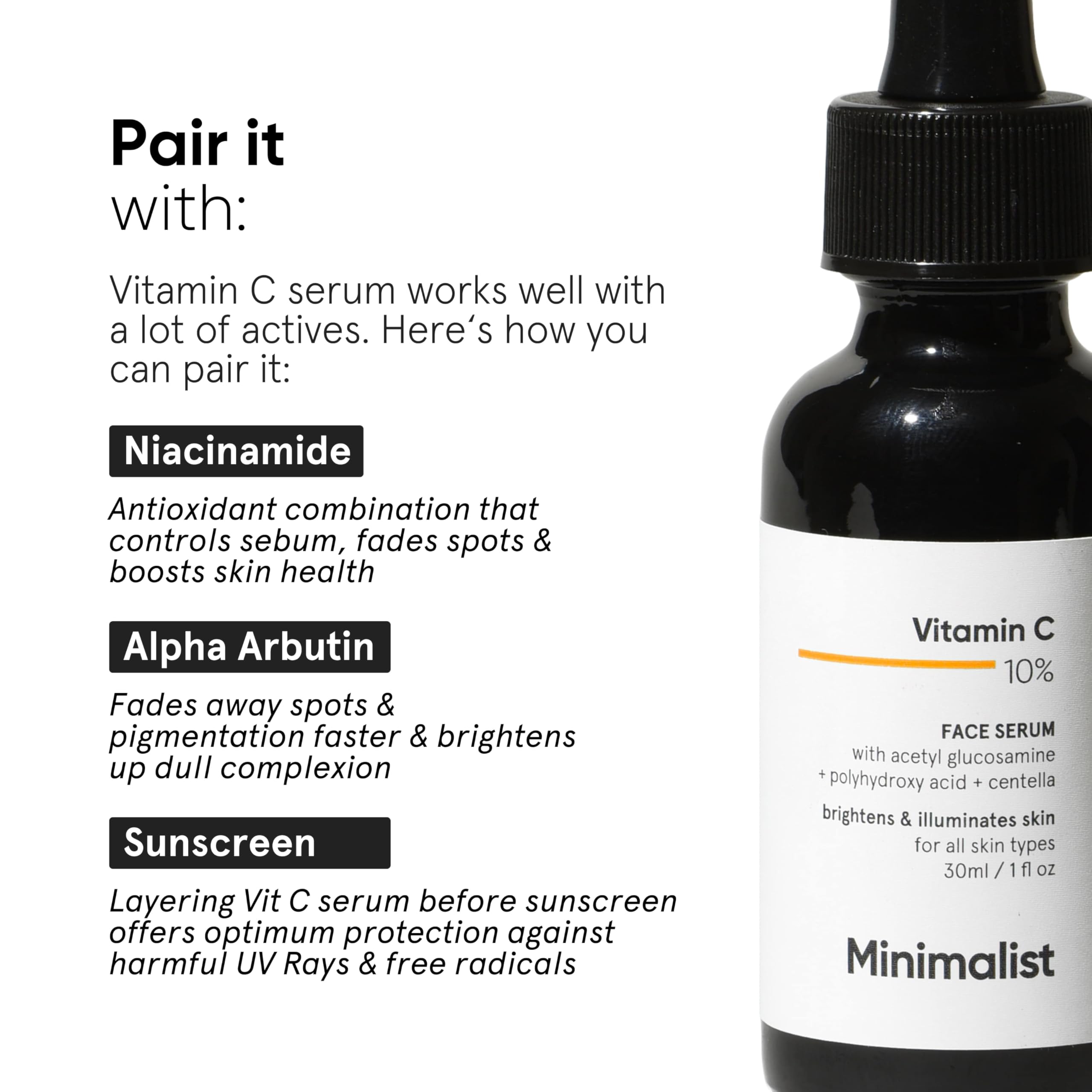 Minimalist 10% Advanced Vitamin C Serum for Glowing Skin | Brightening & Dark Spot Treatment | Treats Uneven Skin Tone, Dullness & UV Damage | Daily Face Serum (Stable Vitamin C) | 30ml