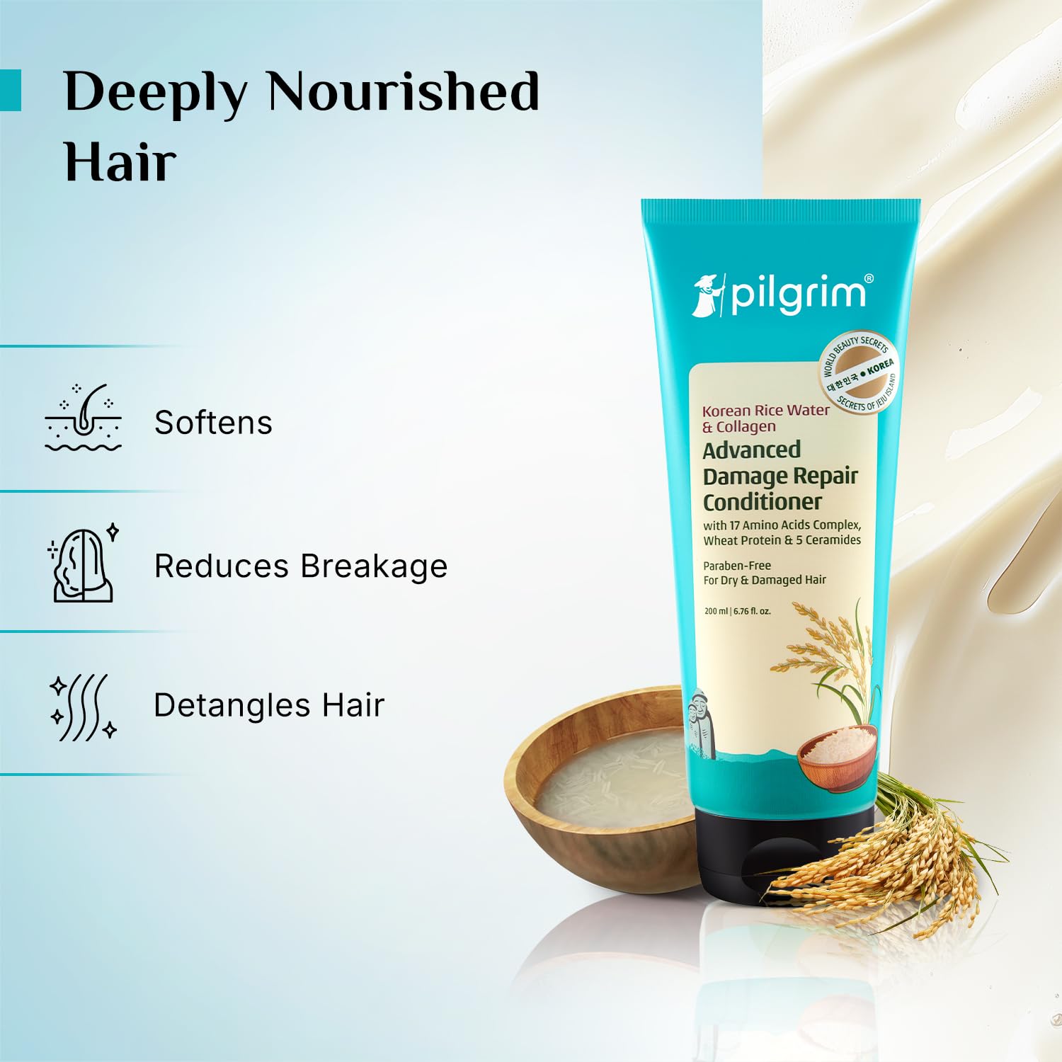 Pilgrim Korean Rice Water & Collagen Advanced Damage Repair Conditioner - 200ml | With 17 Amino Acids, Wheat Protein & Ceramides | Paraben-Free | Deep Nourishment & Shine I For Women & Men