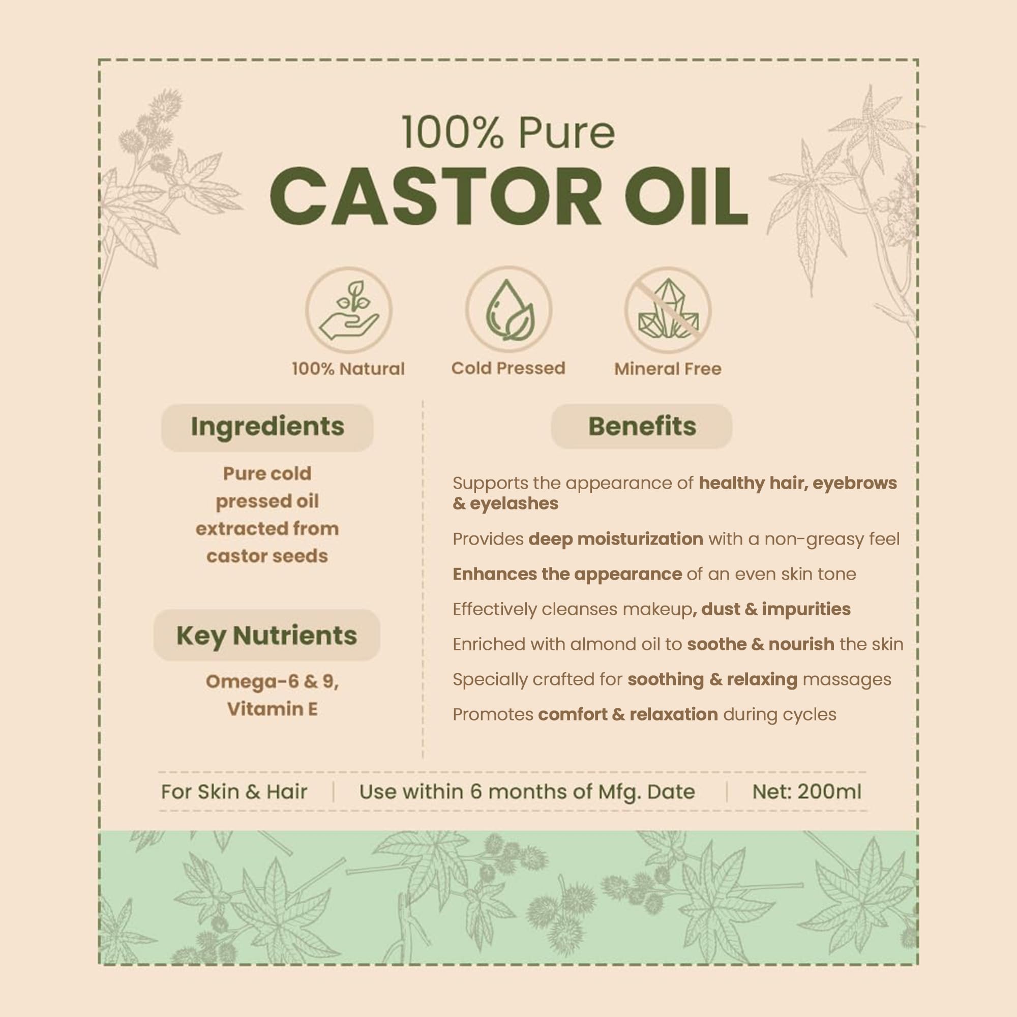 Nat Habit Cold Pressed 100% Pure Castor (Arandi) Oil for Skin & Hair With Vitamin E, Omega-6 & 9, Mineral Free & Preservative Free (200 ml)