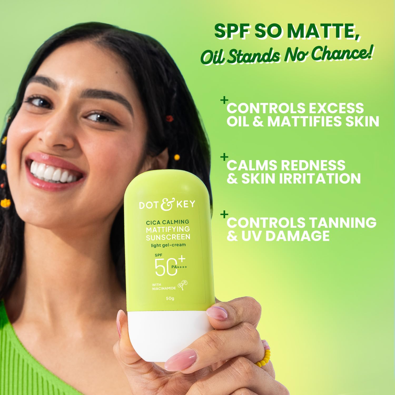 Dot & Key CICA Calming Mattifying Sunscreen SPF 50 PA++++ In-Vivo Tested | For Oily Acne Prone & Sensitive Skin | UVA/UVB Protection | No White Cast, Ultra Light, Fragrance Free | 50g