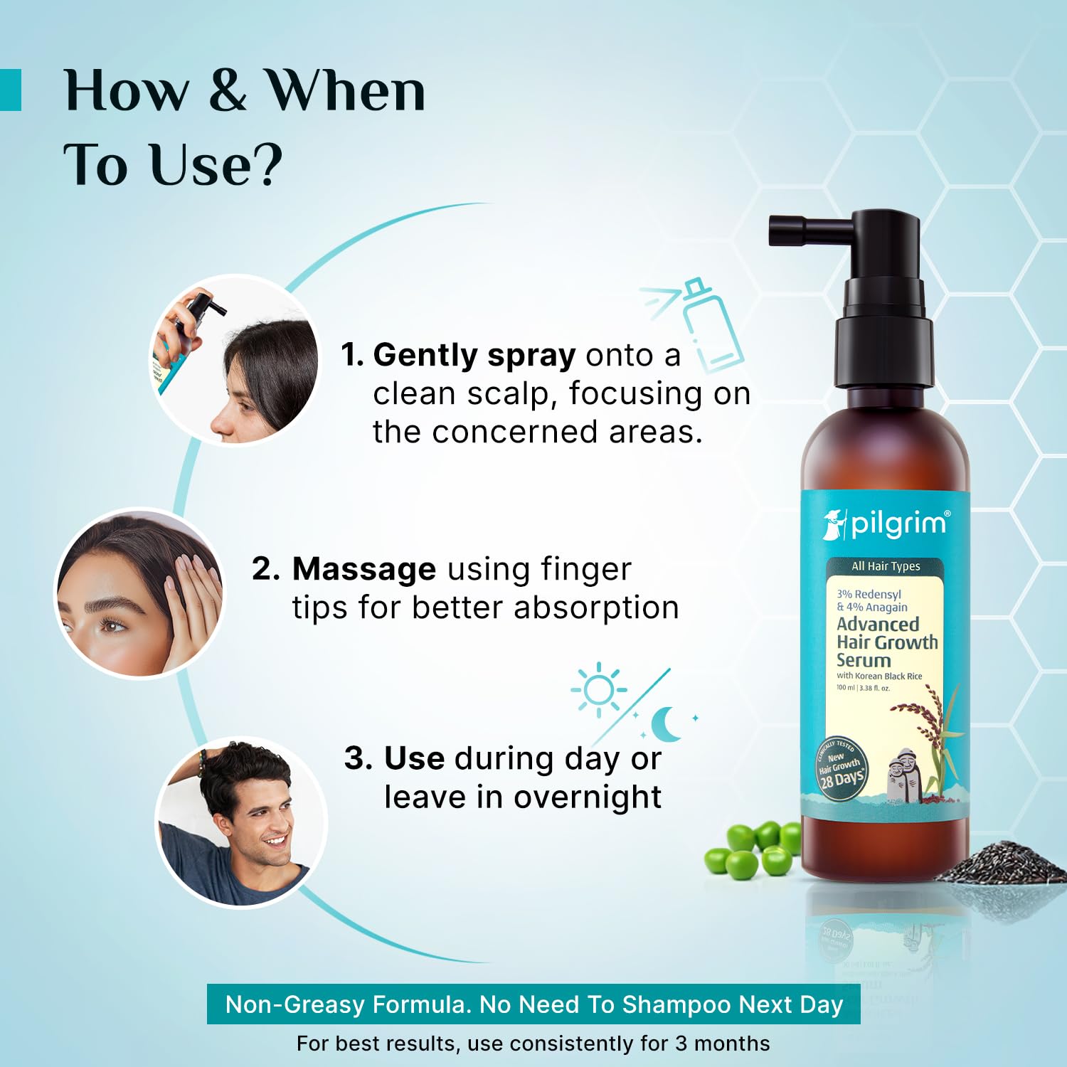 Pilgrim Redensyl 3% + Anagain 4% Advanced Hair Growth Serum (100ml) with Korean Black Rice, Controls Hair Fall, Stimulates Hair Growth, Increase Hair Density | HairGrowth Serum for Men & Women