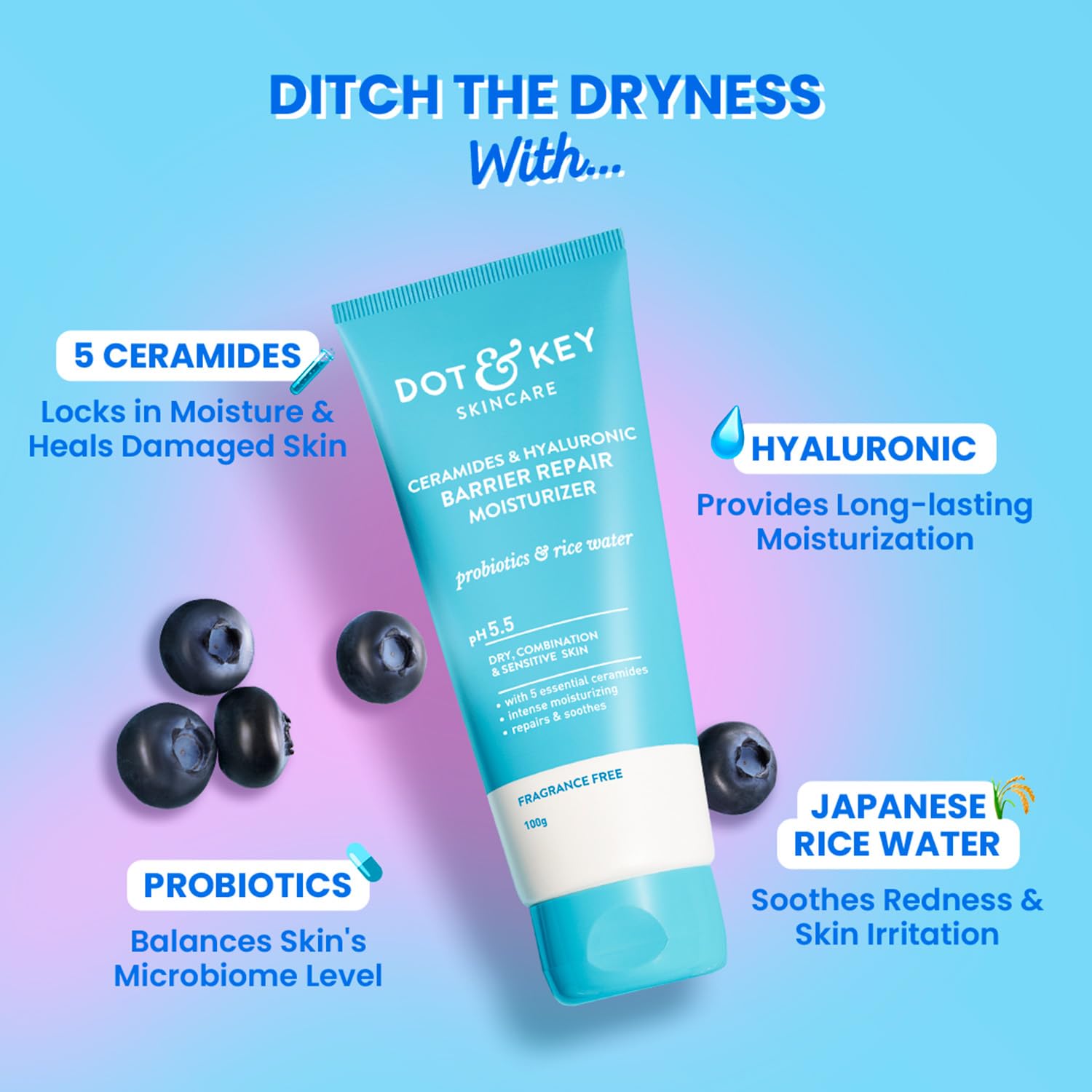 Dot & Key Barrier Repair Moisturizer For Normal, Dry, Combination & Sensitive Skin | 120 Hrs Moisturization, With 5 Ceramides & Hyaluronic | Repairs Damaged Skin Barrier, Non-Comedogenic | 100g
