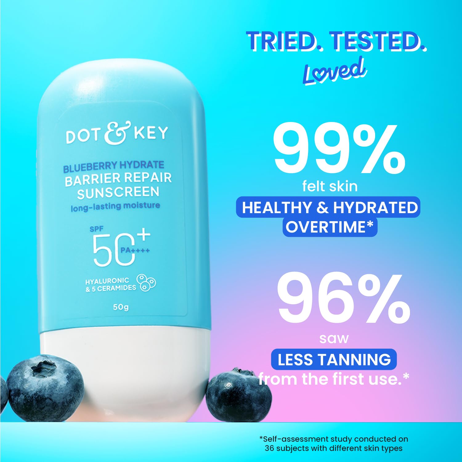Dot & Key Blueberry Hydrate Barrier Repair Sunscreen In-Vivo Tested SPF 50+ PA++++ | With Ceramides & Hyaluronic, Hydrates & Protects Skin | Repairs Damaged Skin, Lightweight, Non-Sticky, Non-Greasy | 50g
