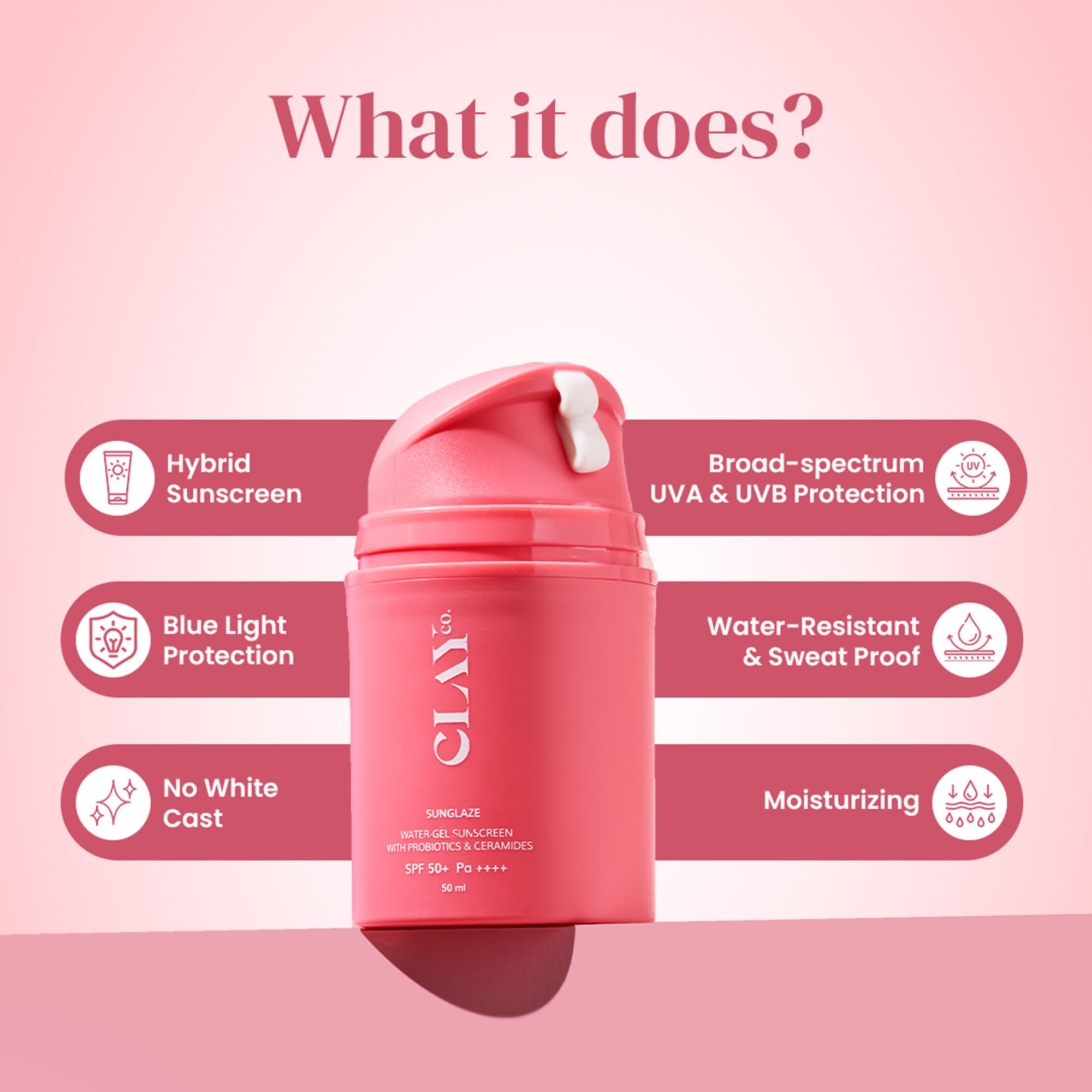 Clayco Sunglaze Sunscreen SPF 50 PA++++ | Probiotic & Ceramide-Infused | Lightweight, Non-Greasy & Fast-Absorbing | Broad Spectrum UVA, UVB & Blue Light Protection | Hydrating & Brightening | For All Skin Types (50ml)