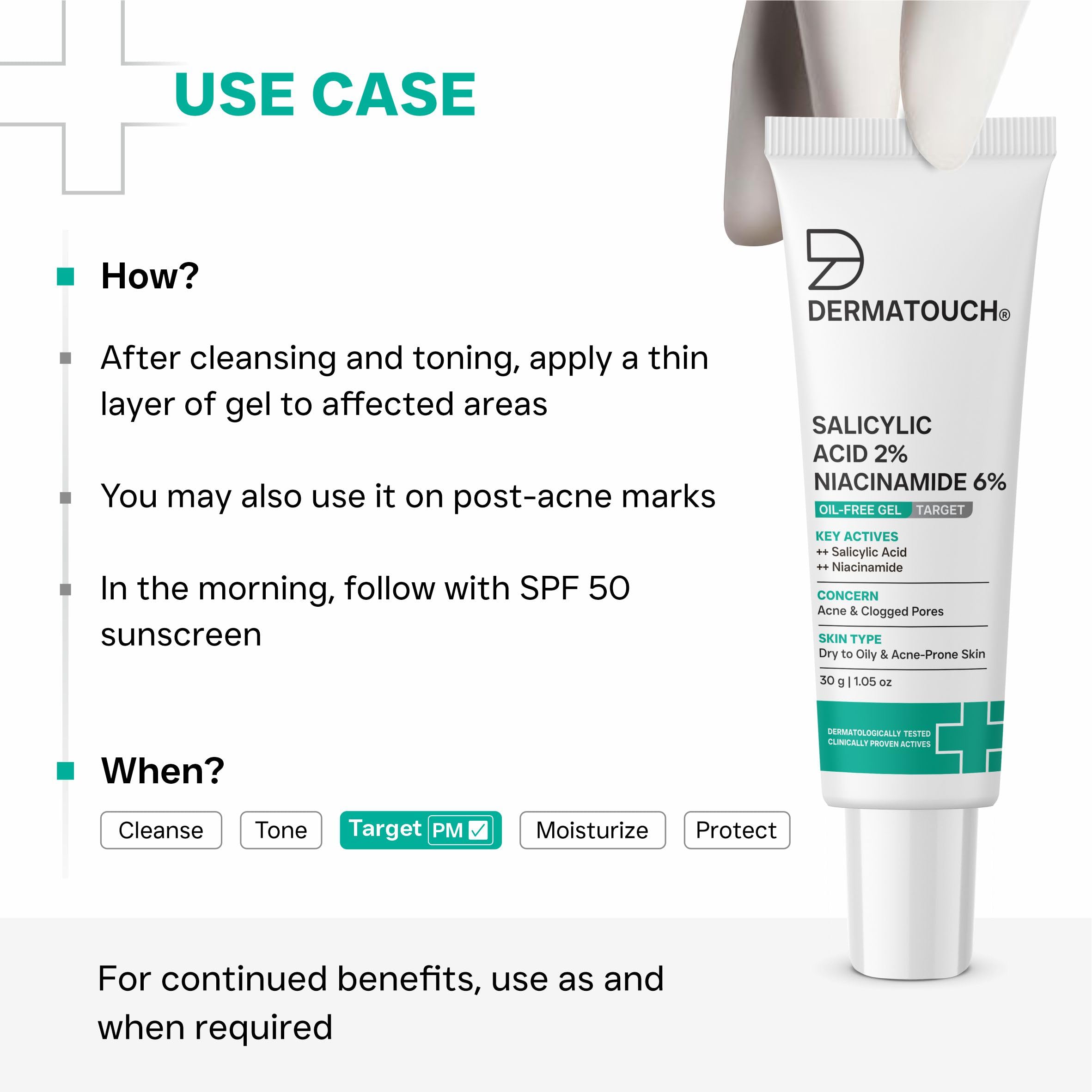 DERMATOUCH Salicylic Acid 2% Niacinamide 6% Anti-Acne Oil-Free Gel For Active Acne, Oil Balancing, Pore Tightening | 30g