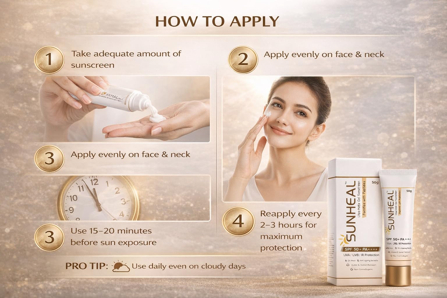 Sun-heal Ultra Matte Gel Sunscreen SPF 50+ PA++++ | UVA/UVB/IR Protection | Oil-Free & Non-Comedogenic | Water & Sweat Resistant | Anti-Ageing Peptide Formula | 50g