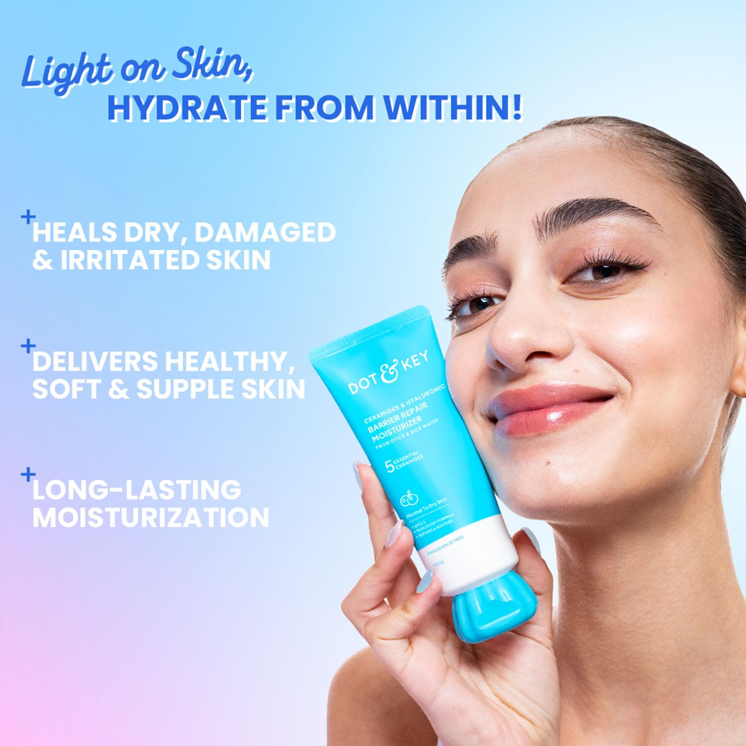 Dot & Key Barrier Repair Moisturizer For Normal, Dry, Combination & Sensitive Skin | 120 Hrs Moisturization, With 5 Ceramides & Hyaluronic | Repairs Damaged Skin Barrier, Non-Comedogenic | 100g