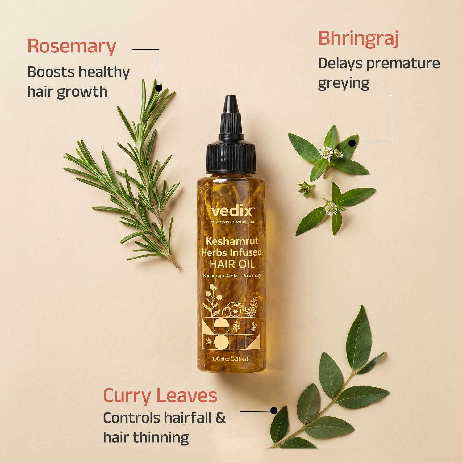 Vedix Keshamrut Herbs Infused Ayurvedic Hair Oil With Bhringraj, Amla & Rosemary I Control Hair Fall & Boost Hair Growth I 16+ Whole Herbs, Leaves & Flowers I For Men & Women I No Mineral Oils & Chemicals (100ml)