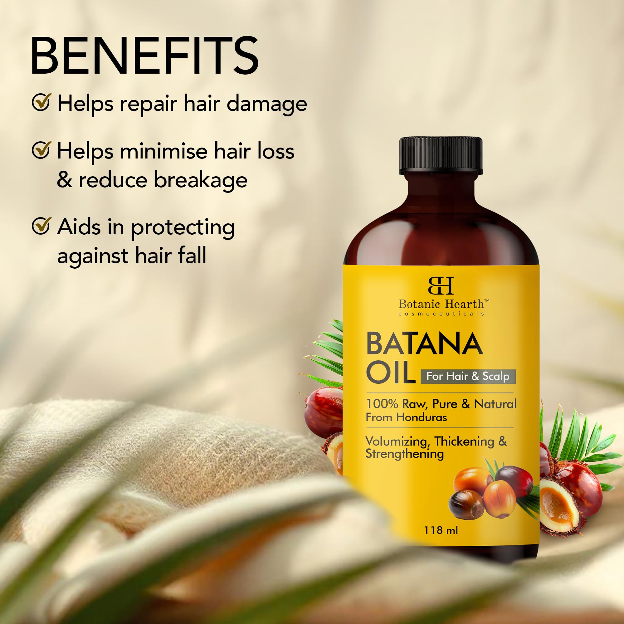Botanic Hearth Raw Batana Oil for Hair Growth | 100% Pure & Unrefined | For Thicker, Stronger Hair - 118 ml