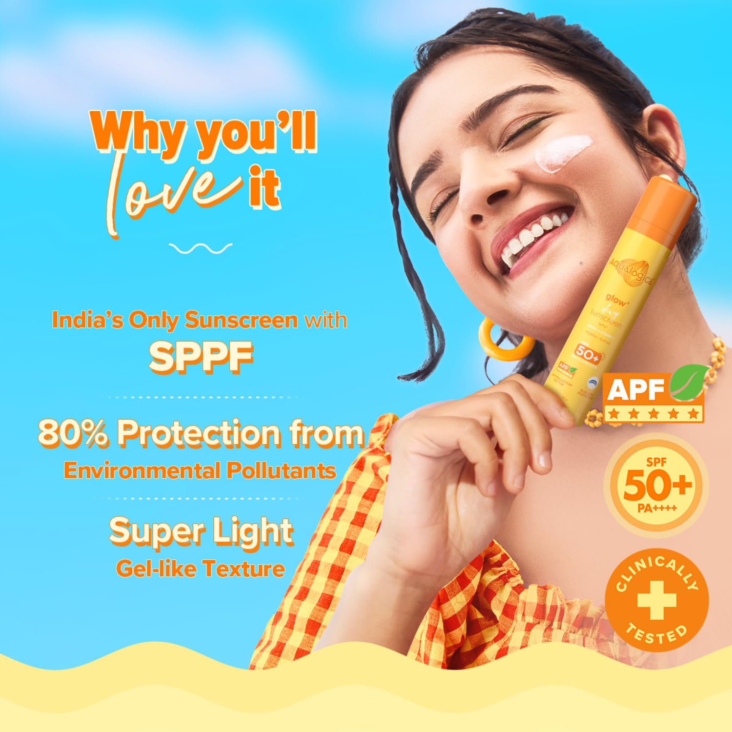 Aqualogica Glow+ Dewy Sunscreen Gel SPF 50+ PA++++ with Papaya & Vitamin C | Broad Spectrum SPF 50+ PA++++ | UVA/B & Blue Light Protection | Anti-Pollution Factor (APF) Technology | Brightens Skin I Fragrance-Free & No White Cast | For Glowing & Sun Prote