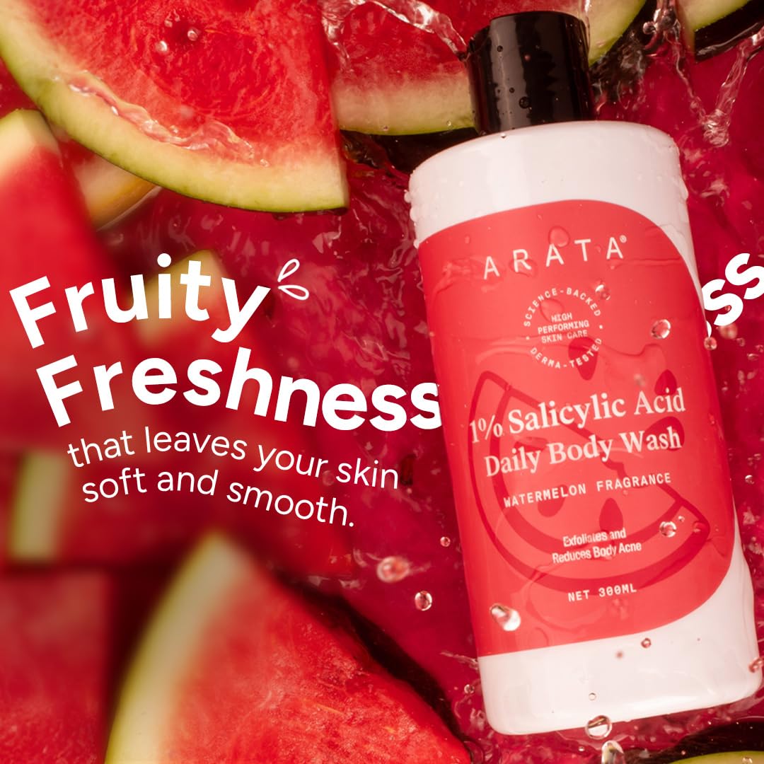 Arata 1% Salicylic Acid Body Wash I 300 ML I Removes Back Acne I Improves Strawberry Skin I Cleanses, Smoothens and Exfoliates Skin I Prevents Body Acne and Bumps I with Watermelon Fragrance