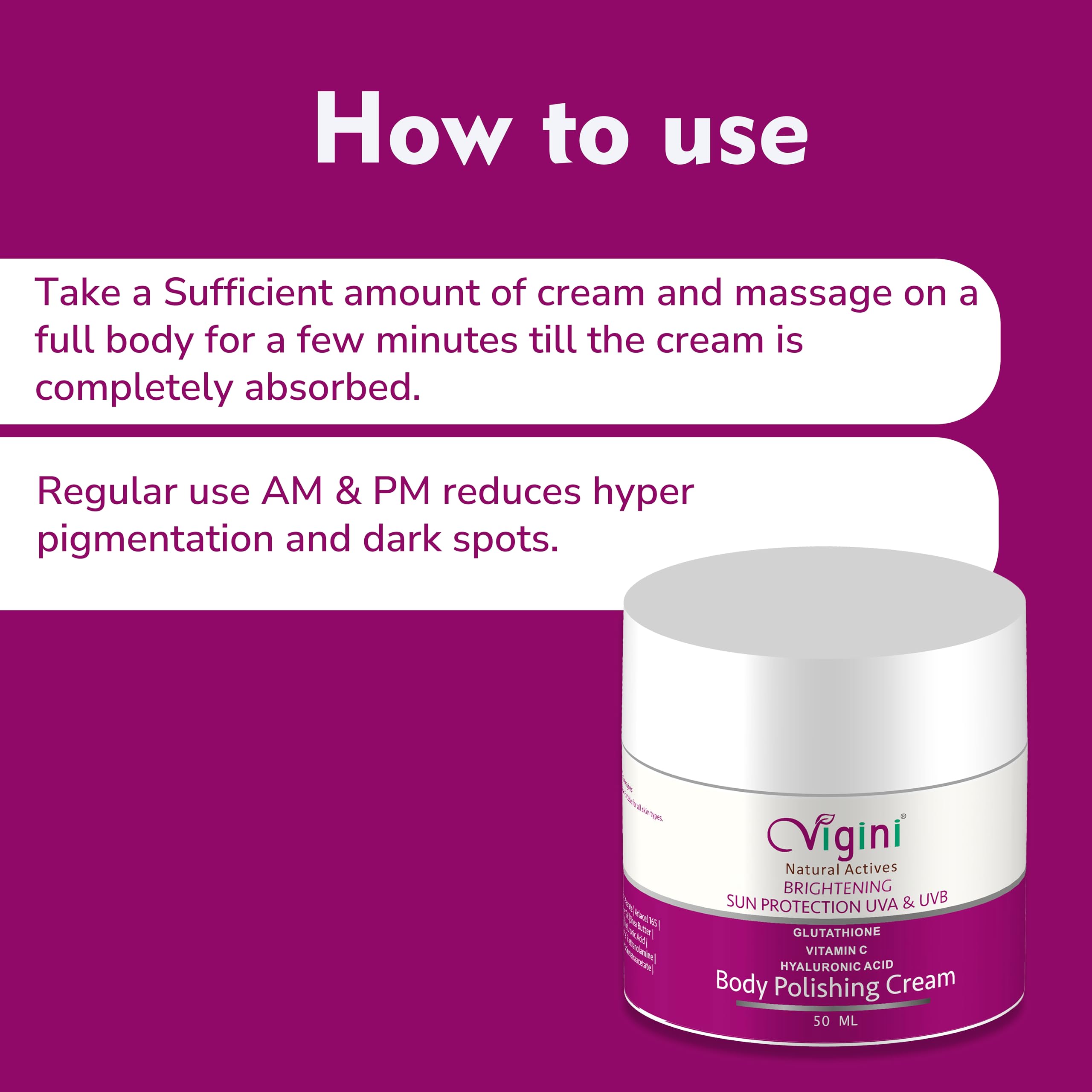 Vigini Glowing Radiance Kojic Acid Vitamin C Body Underarms Tan Removal Polishing Moisturizer Cream for Pigmentation Dark Spots Dull Uneven Skin Tone Patches for Oily & Dry Skin Men Women 50ml