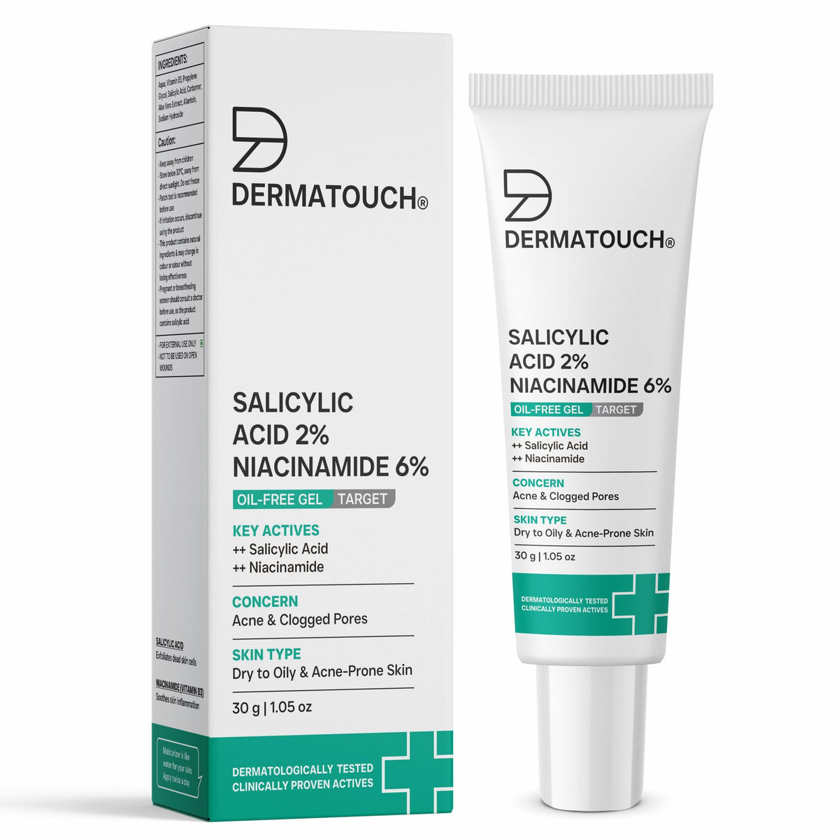 DERMATOUCH Salicylic Acid 2% Niacinamide 6% Anti-Acne Oil-Free Gel For Active Acne, Oil Balancing, Pore Tightening | 30g