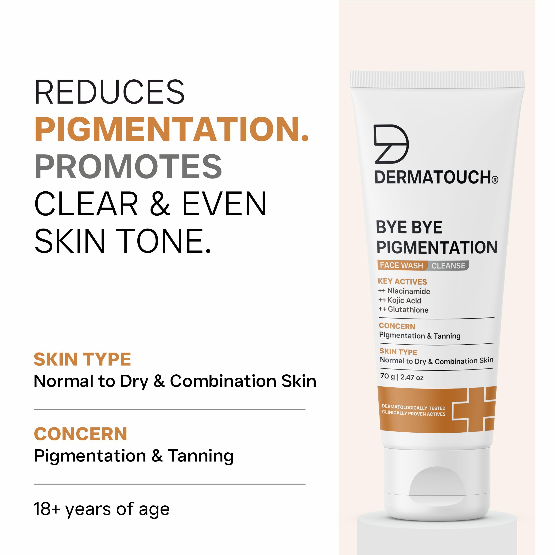 DERMATOUCH Bye Bye Pigmentation Face Wash | Niacinamide, Kojic Acid & Glutathione | For Tan and Anti-Pigmentation | Dermatologist Tested | For Men & Women | 70g