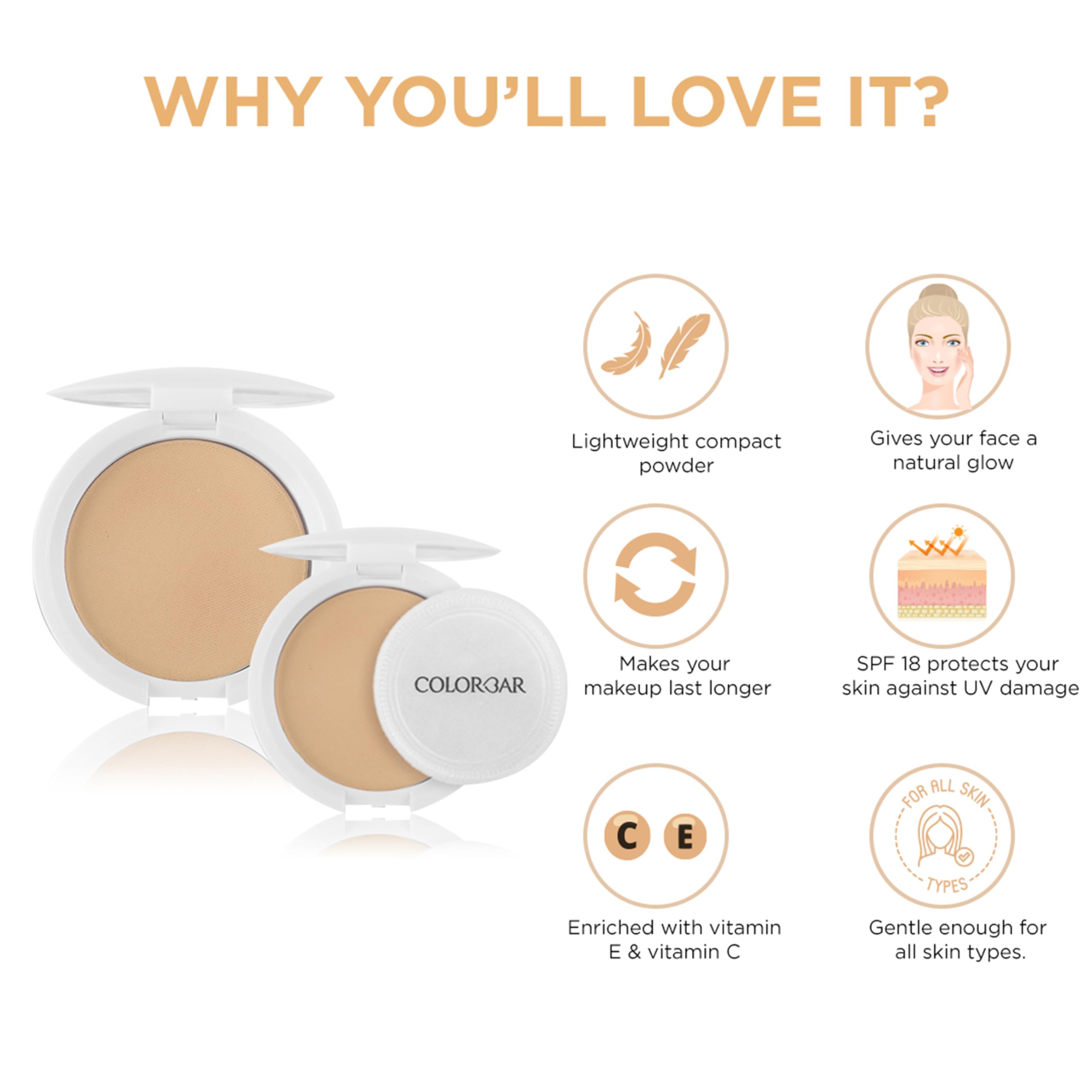 Colorbar Radiant White UV Compact All Skin Powder, Tan, 9g