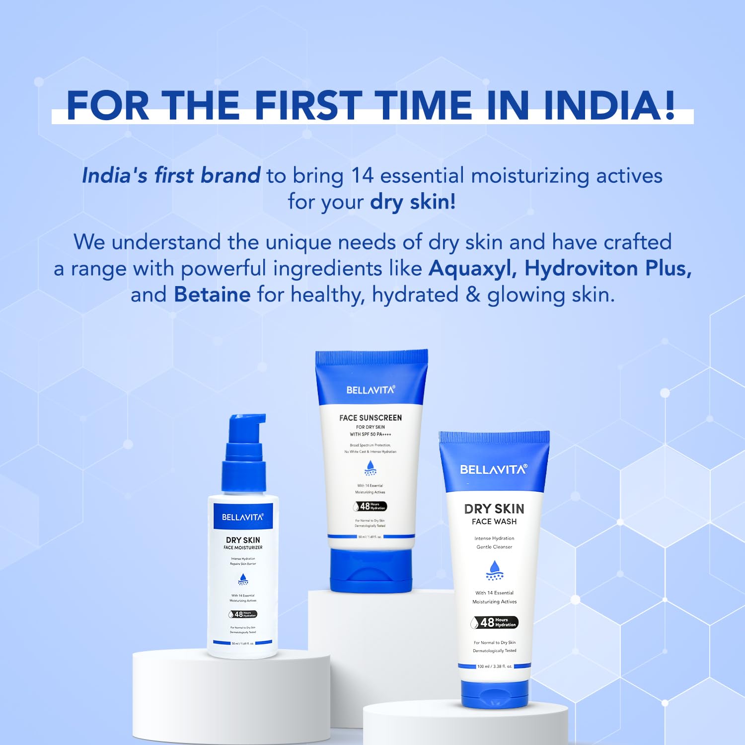BELLAVITA Face Moisturizer Dry to Normal Skin | Power of 14 Moisturizing Actives | 48hrs Hydration | Intense Moisturization | Repairs & Soothes | pH Balanced | Moisturizer Cream For Men & Women | 50ml