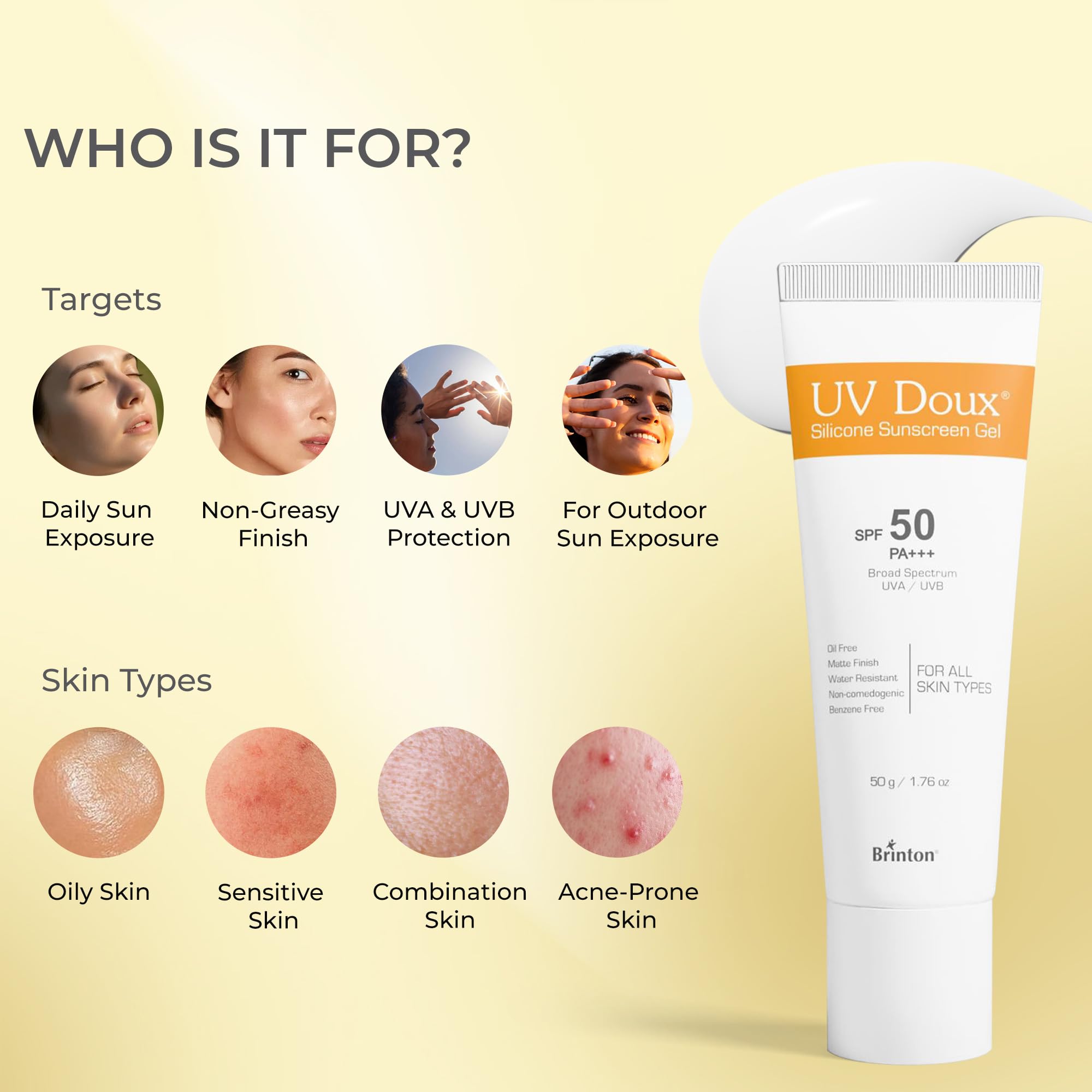 UV Doux Silicone Sunscreen Gel SPF 50 PA+++|India’s No.1 Dermatologist Recommended Brand|Invitro,In-Vivo Tested|UVA/UVB Protection, Benzene Free|No White Cast |Oily & Acne-Prone Skin |50 g