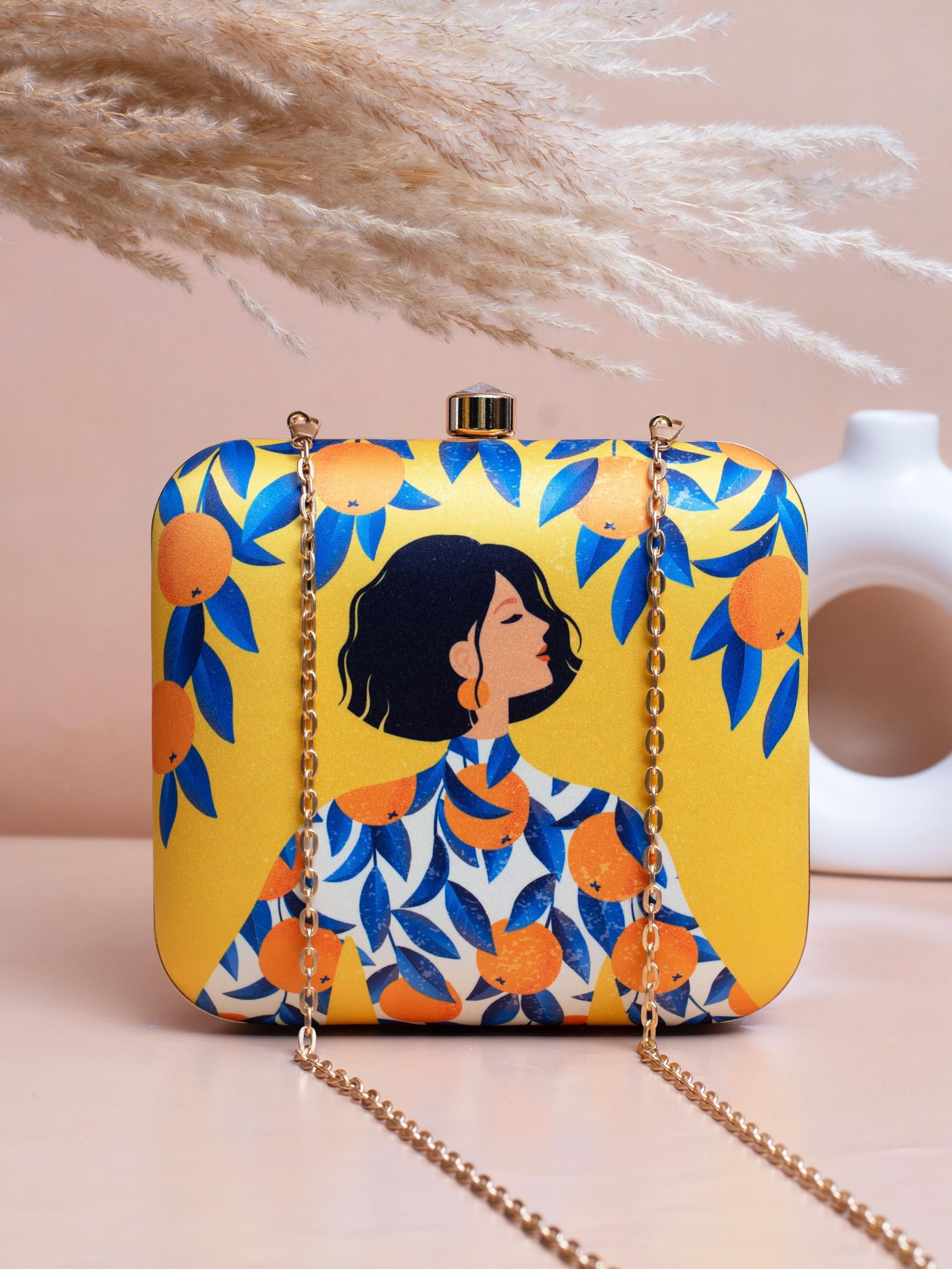 Artklim Multicolour Printed Trendy Box Clutch for Women & Girls - Hard Case Sling Purse - Casual & Brunch Handbag with Detachable Chain Strap - Gift for Woman