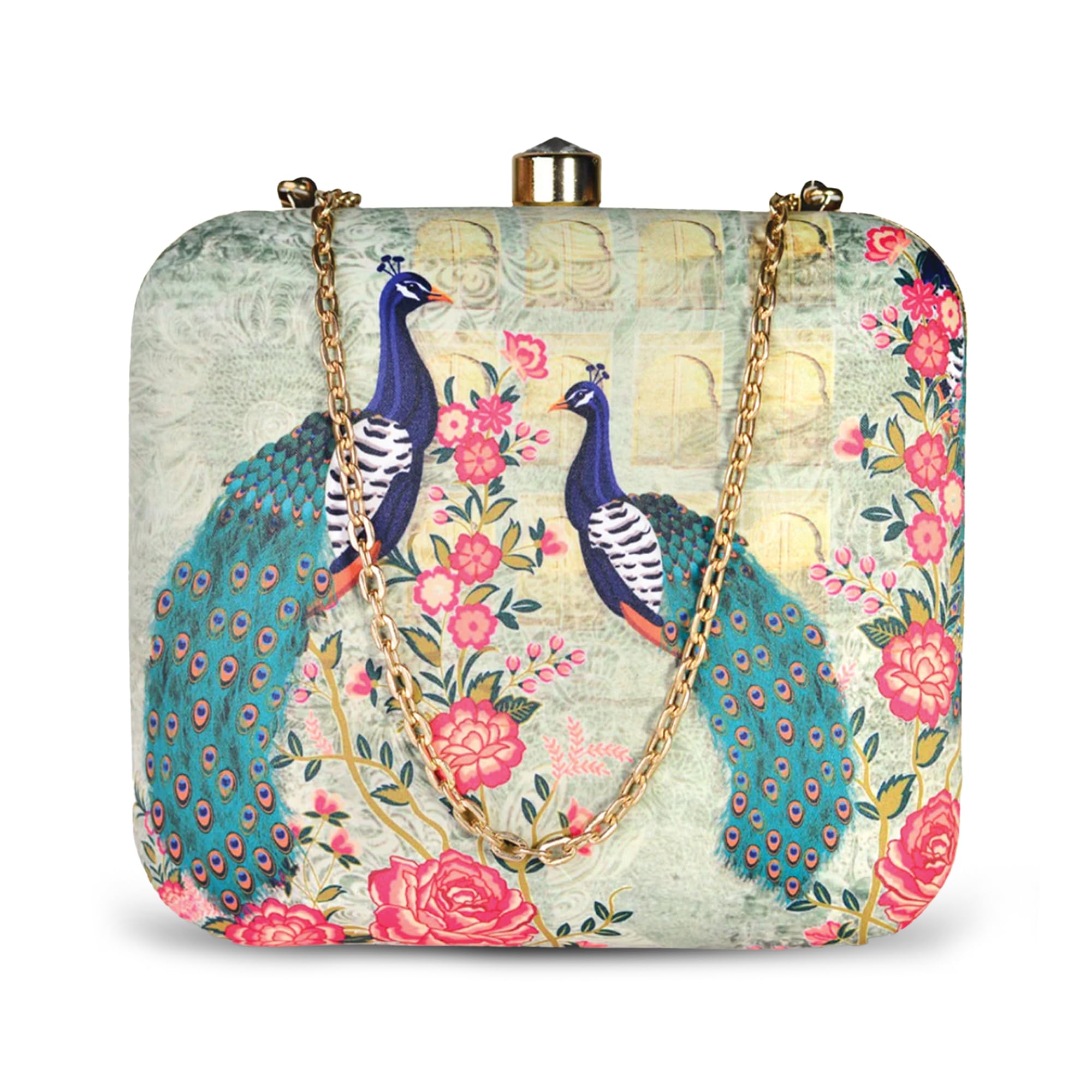 Artklim Multicolour Printed Trendy Box Clutch for Women & Girls - Hard Case Sling Purse - Casual & Brunch Handbag with Detachable Chain Strap - Gift for Woman