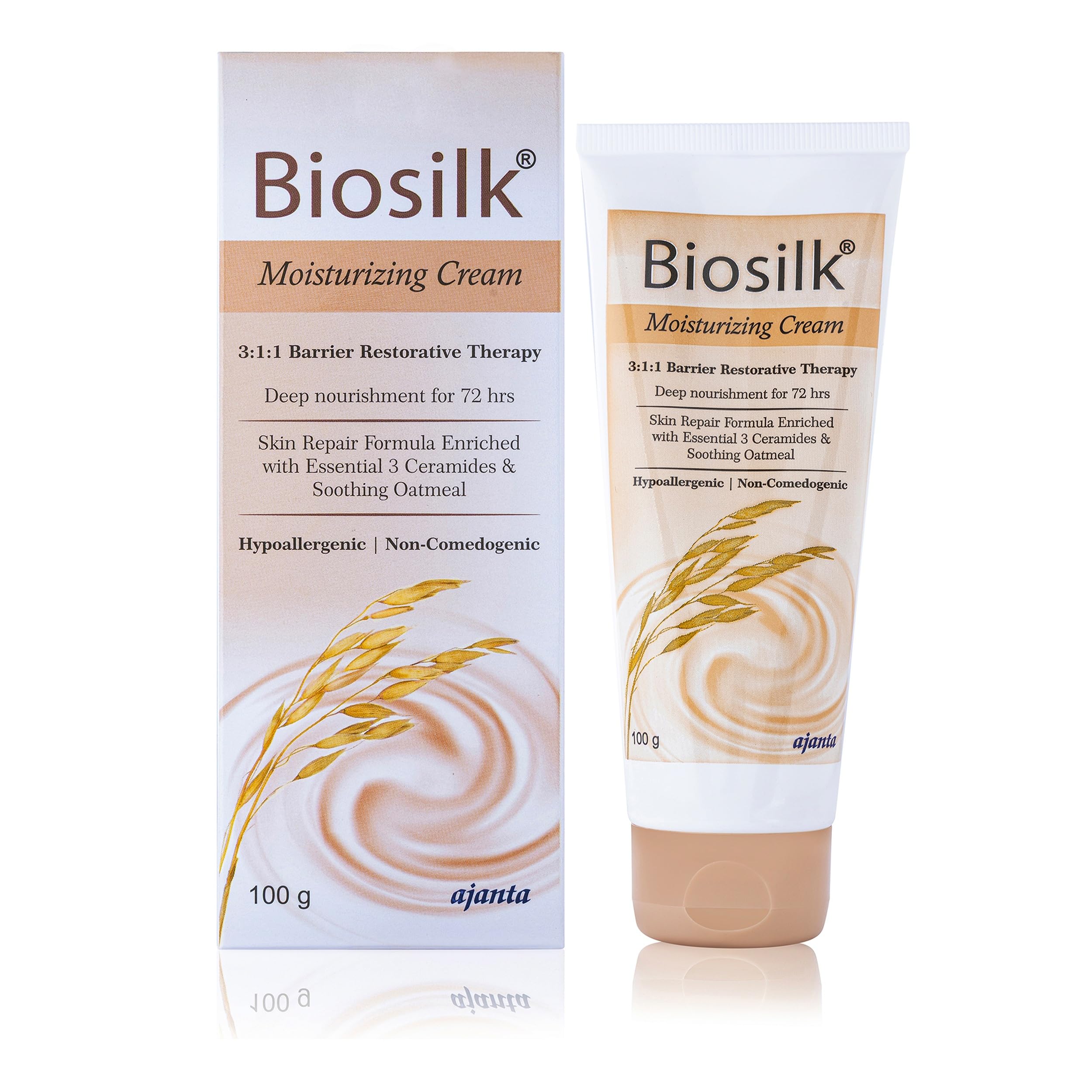 BIOSILK Cream – 3:1:1 Golden Ratio Ceramides with Oatcom for 70% Ceramide Boost & Pentavitin 72-Hr Hydration – Hypoallergenic, Non-Comedogenic Moisturiser for Dry, Sensitive & Irritated Skin – 100gm