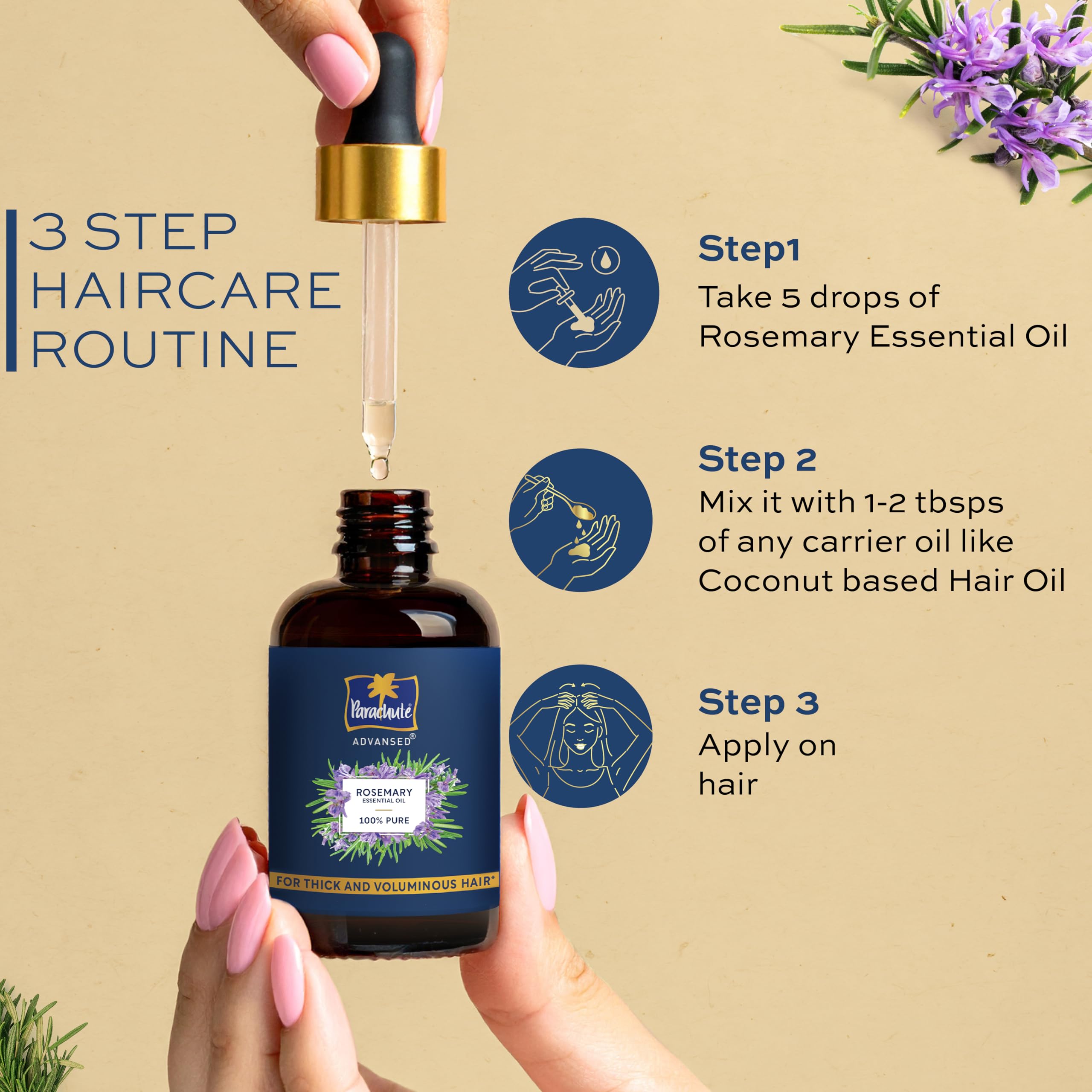 Parachute Advansed Rosemary Essential Oil | 100% Pure | for Thick & Voluminous Hair | Moisturises dry hair, Reduces hair breakage, Improves hair Resilience | 14ml