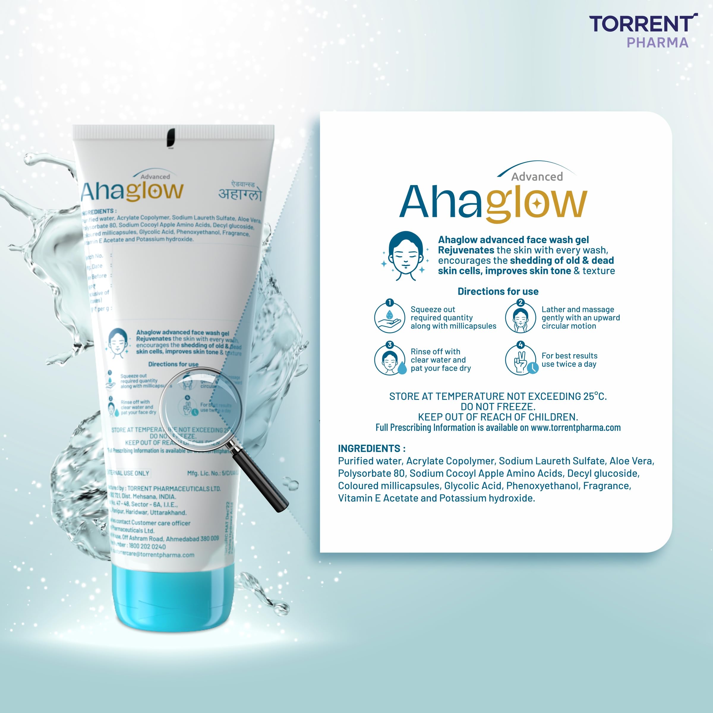 Ahaglow Advanced Face Wash Gel 200g with AHA(1% Glycolic Acid) Glow Bombs| Jojoba & Tea Tree Oil | Allantoin, Vitamin E & Oak bark Extract | No.1 Dermatologist Prescribed AHA Brand - By Torrent Pharma
