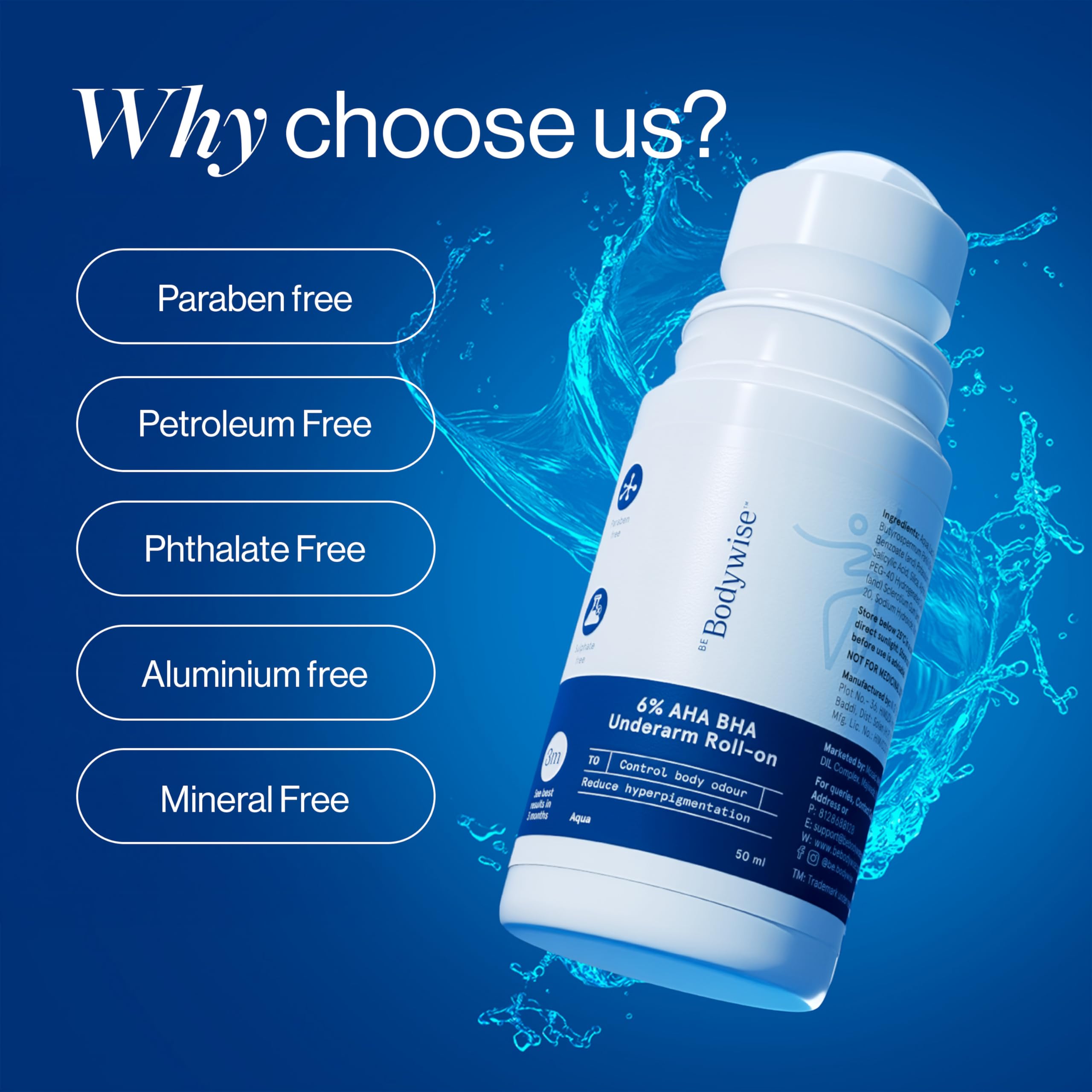 Be Bodywise 6% Aha Bha Underarm Roll On 50ml | 4% Lactic Acid, 1% Mandelic Acid, 1% Salicylic Acid | Controls Odour & Reduces Pigmentation for even tone skin | 0% Alcohol & 0% Aluminium | Aqua Fragrance
