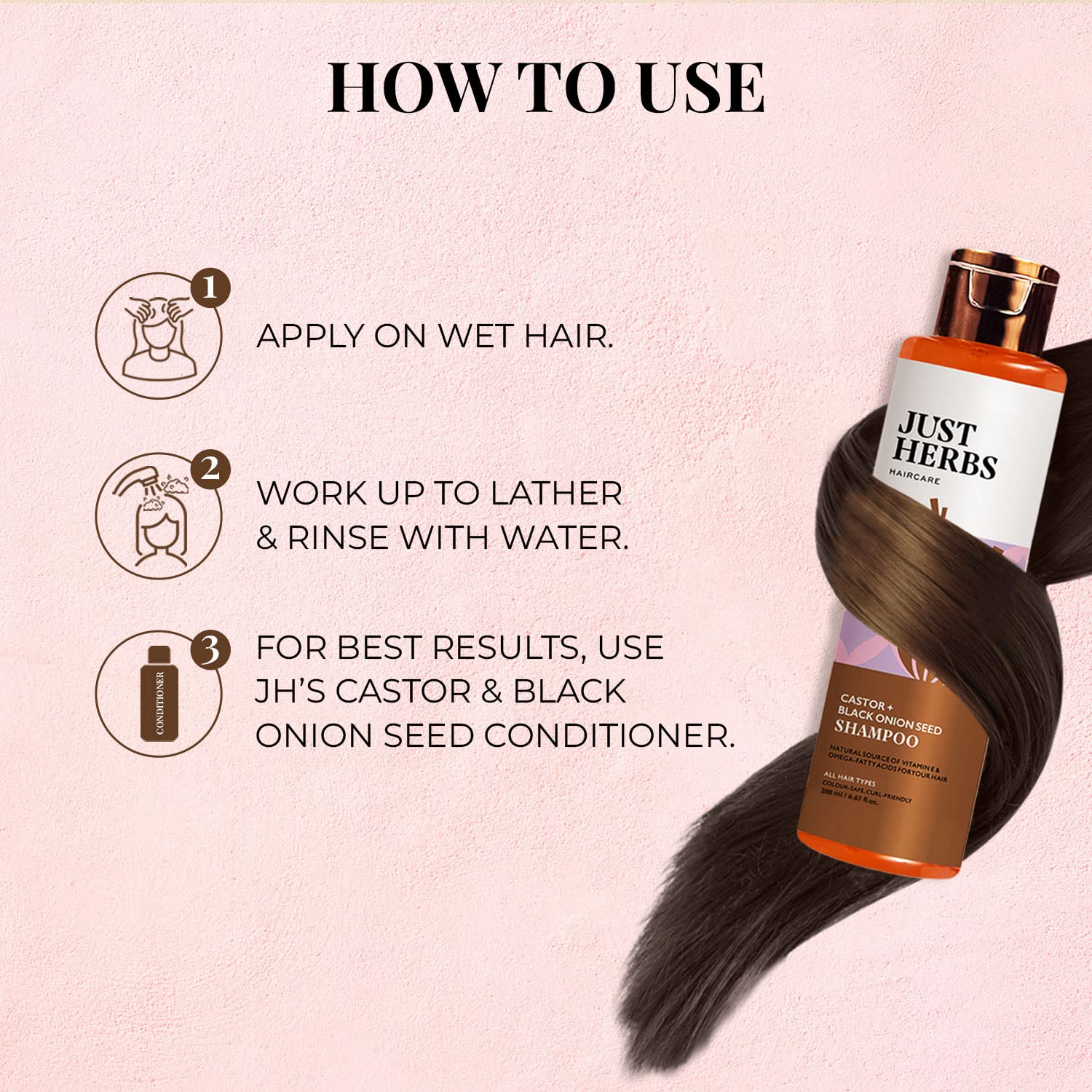 Just Herbs Ayurvedic Castor and Black Onion Seed Sulfate Free Shampoo | Reduce Hair fall | Natural Shampoo For Dry and Frizzy Hair - 200ml