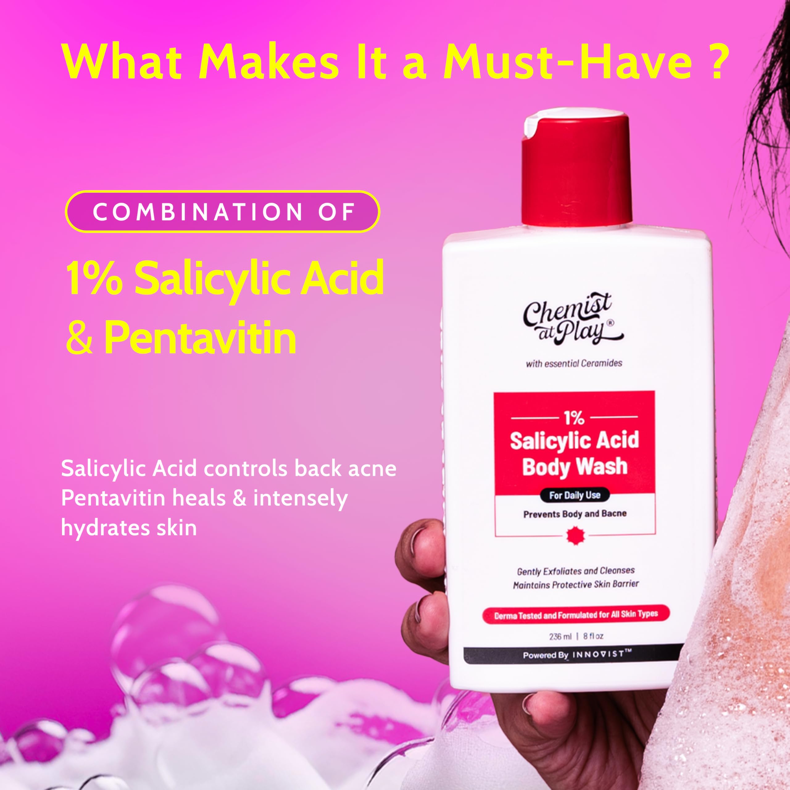 Chemist at Play 1% Salicylic Acid Body Wash 236ml | Paraben & SLS Free | Gentle Exfoliating Shower Gel | Prevents Body Acne, Bumpy Skin & Deep Cleanses Skin